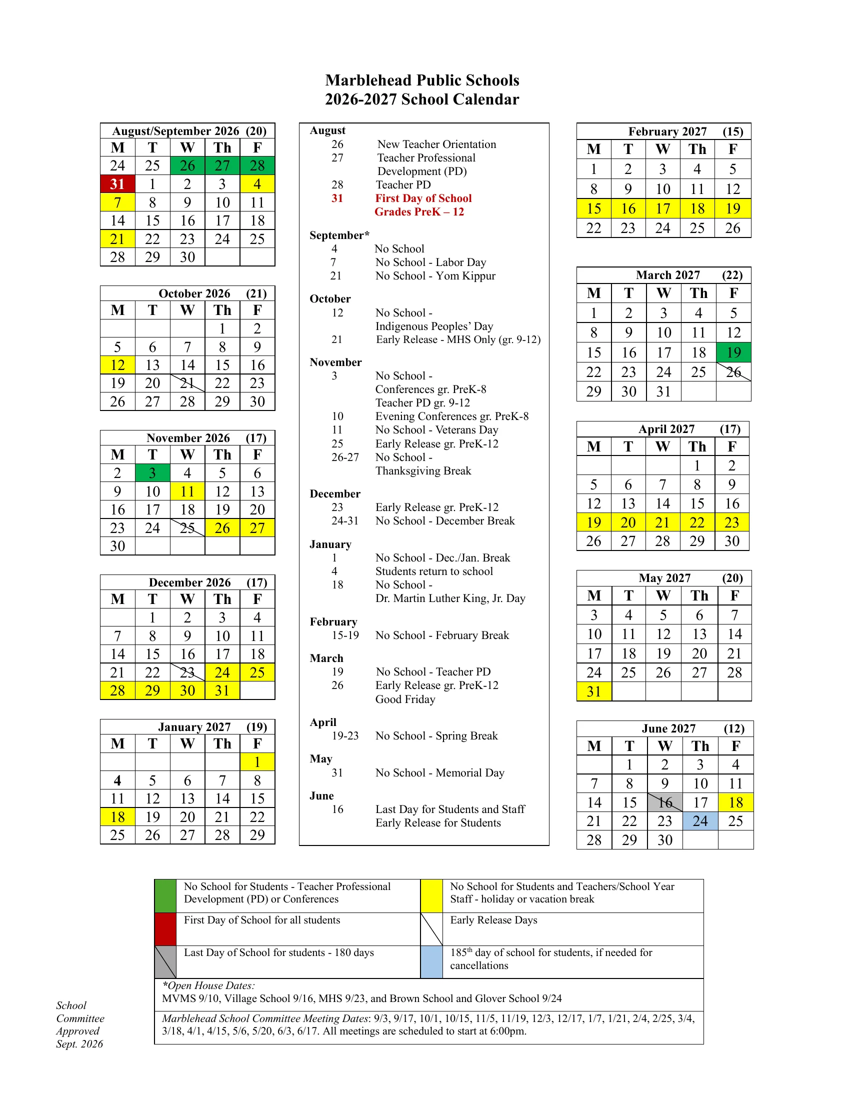 The Marblehead Public Schools 2026-2027 school calendar: weekday month grids from August 2026 to June 2027 with monthly school-day counts, holidays and breaks in yellow, teacher PD and conference days in green, early release days struck through, the first day in red, the last day in gray, the 185th day in blue, and a month-by-month list of dates.