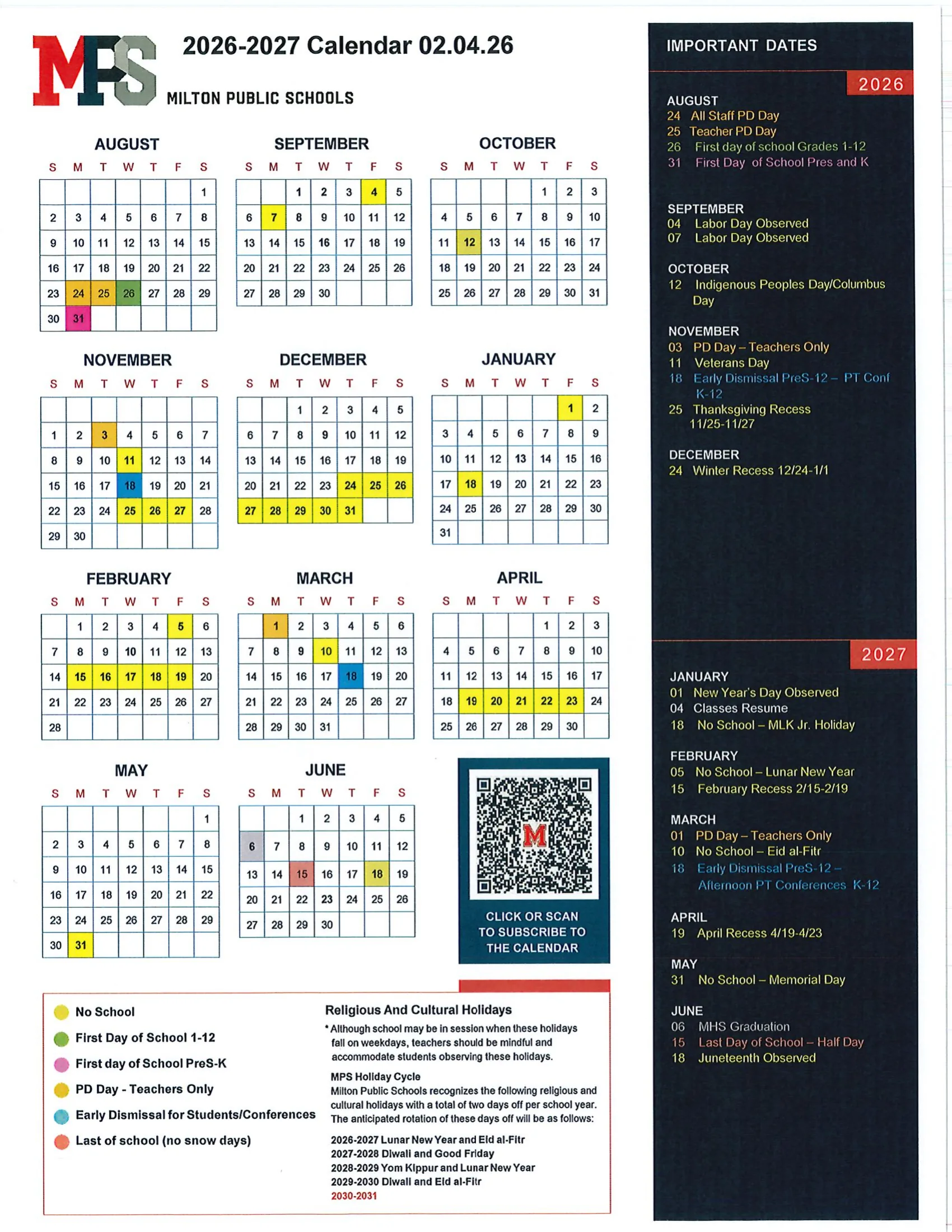 The Milton Public Schools 2026-2027 calendar: month grids from August 2026 to June 2027 with no-school days in yellow, the first day for grades 1-12 in green, the first day for preschool and kindergarten in pink, teacher PD days in orange, early dismissals for conferences in blue and the last day in red, a key, the district's religious and cultural holiday cycle, a subscribe code and a dark Important Dates column listing each month's dates.