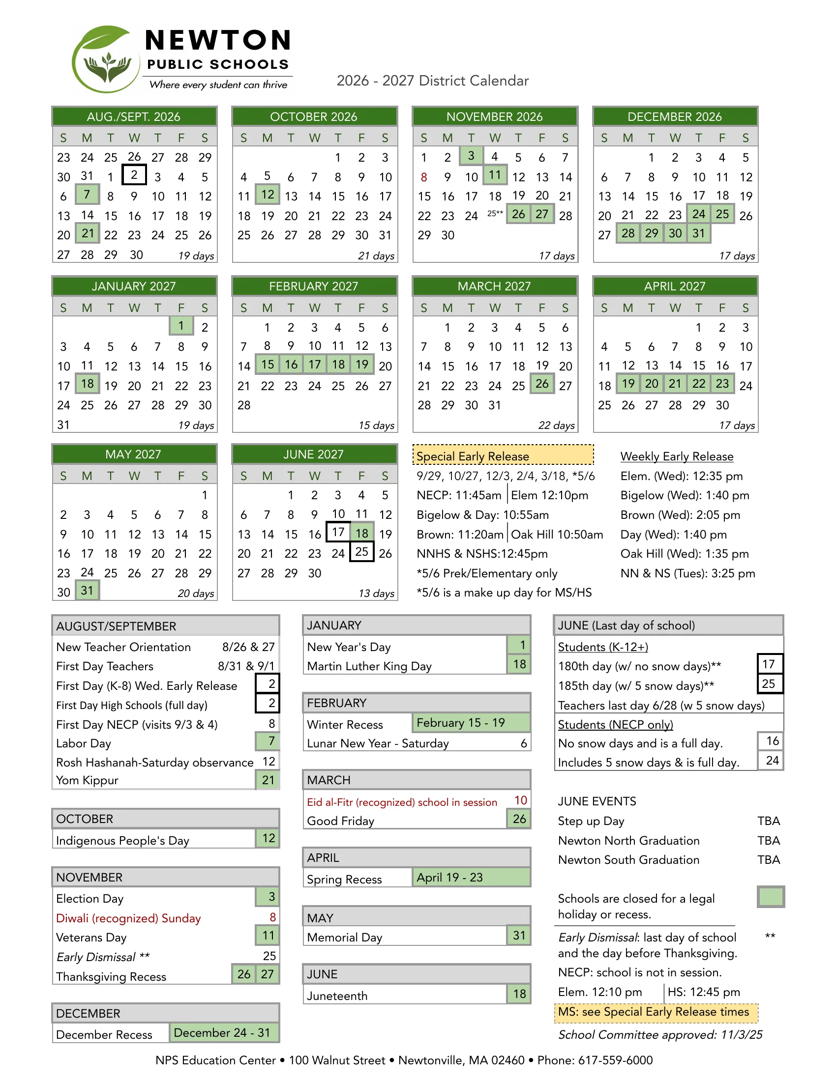 The Newton Public Schools 2026-2027 District Calendar: month grids from August/September 2026 to June 2027 with each month's school day count, days schools are closed in green, the first and last days boxed, the special and weekly early release times, a month-by-month list of holidays and recesses, and on page 2 the district's list of religious and cultural holidays that are not days off.