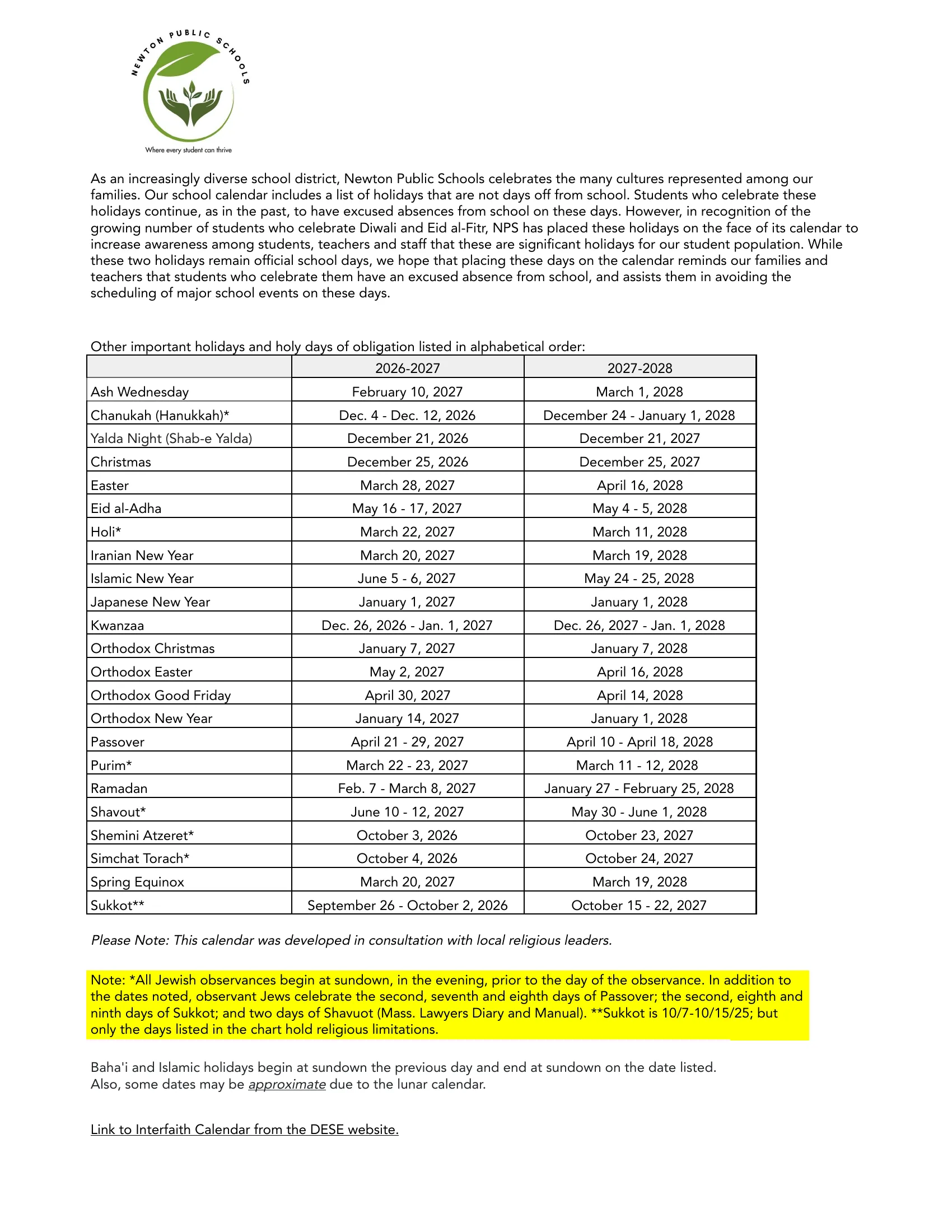 The Newton Public Schools 2026-2027 District Calendar: month grids from August/September 2026 to June 2027 with each month's school day count, days schools are closed in green, the first and last days boxed, the special and weekly early release times, a month-by-month list of holidays and recesses, and on page 2 the district's list of religious and cultural holidays that are not days off. Page 2 of 2.