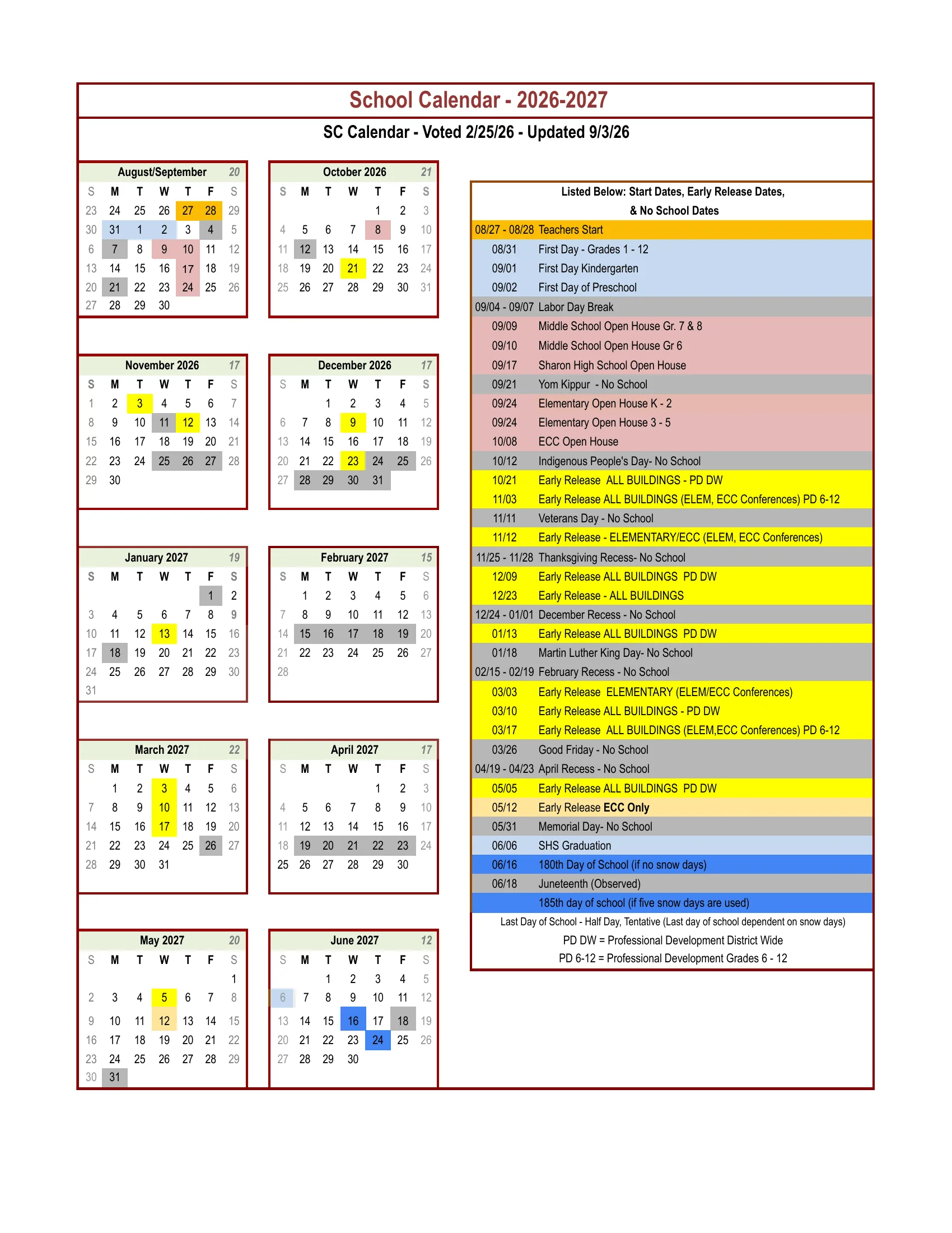 The Sharon Public Schools School Calendar 2026-2027: month grids from August/September 2026 to June 2027 with each month's school day count, no-school days in gray, early releases in yellow, the ECC-only early release in light orange, open houses in pink, start dates in light blue, the planned and latest last days in blue, and a dated list of start dates, early releases and no-school days beside the grids.