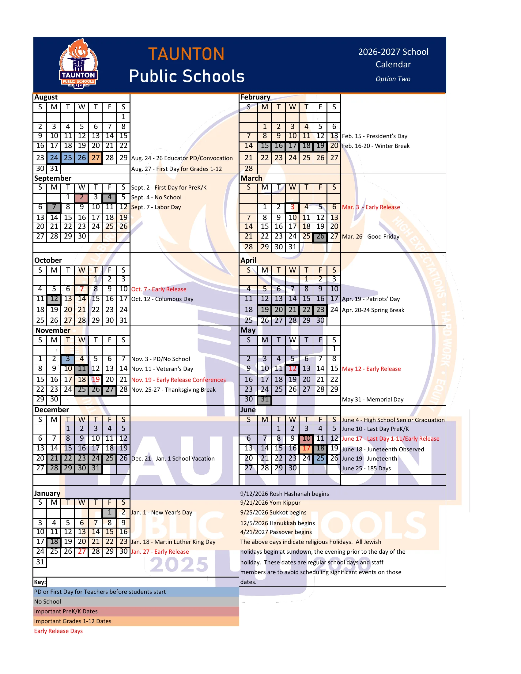 The Taunton Public Schools 2026-2027 School Calendar: month grids from August 2026 to June 2027 with no-school days shaded gray, educator PD days in blue, PreK and kindergarten dates in pink, grades 1-12 dates in orange, early release days boxed with red numbers, a list of key dates beside each month and a list of religious holidays.