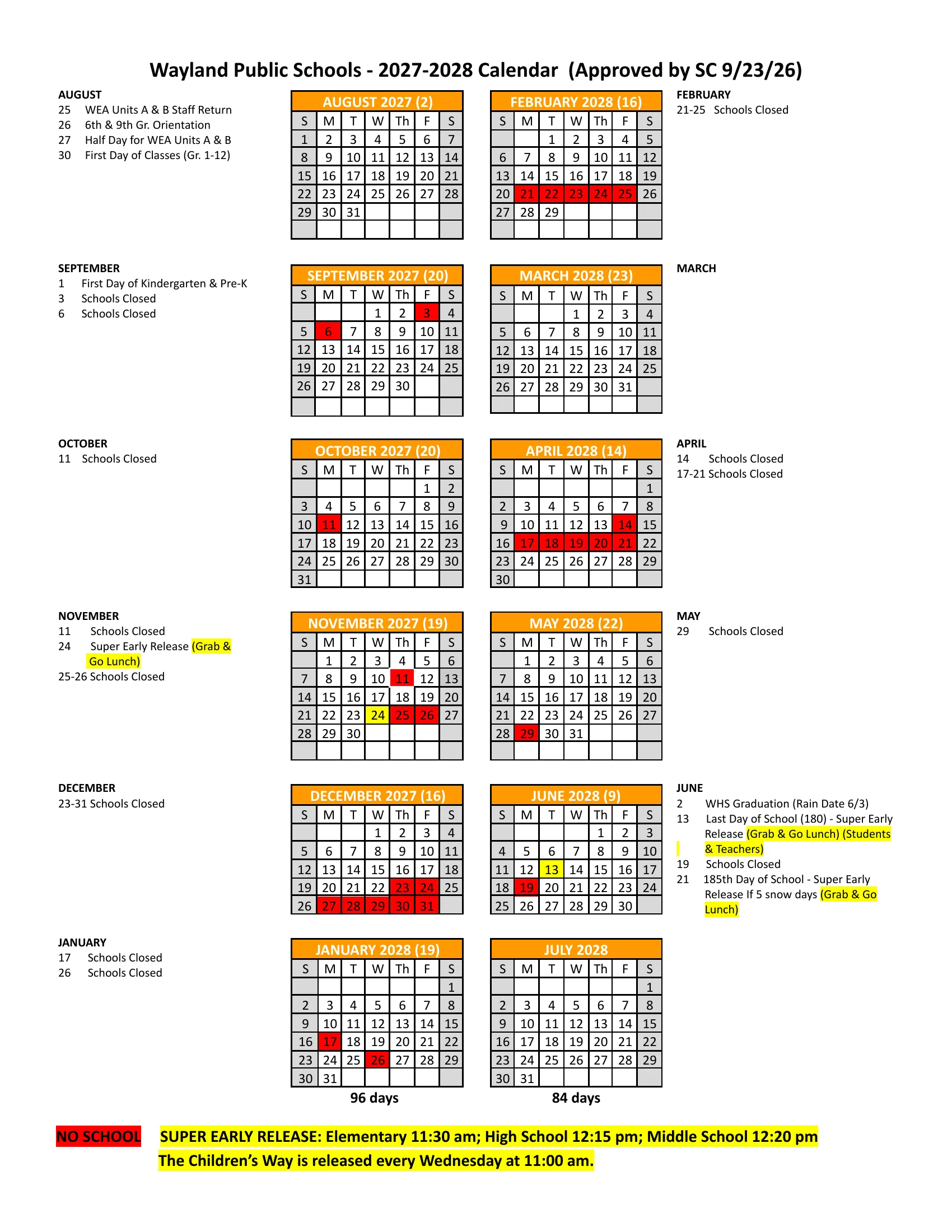 The Wayland Public Schools 2027-2028 Calendar: month grids from August 2027 to July 2028 with each month's school day count, no-school days in red and super early release days in yellow, dated notes beside each month, half-year counts of 96 and 84 days, and the early release times.