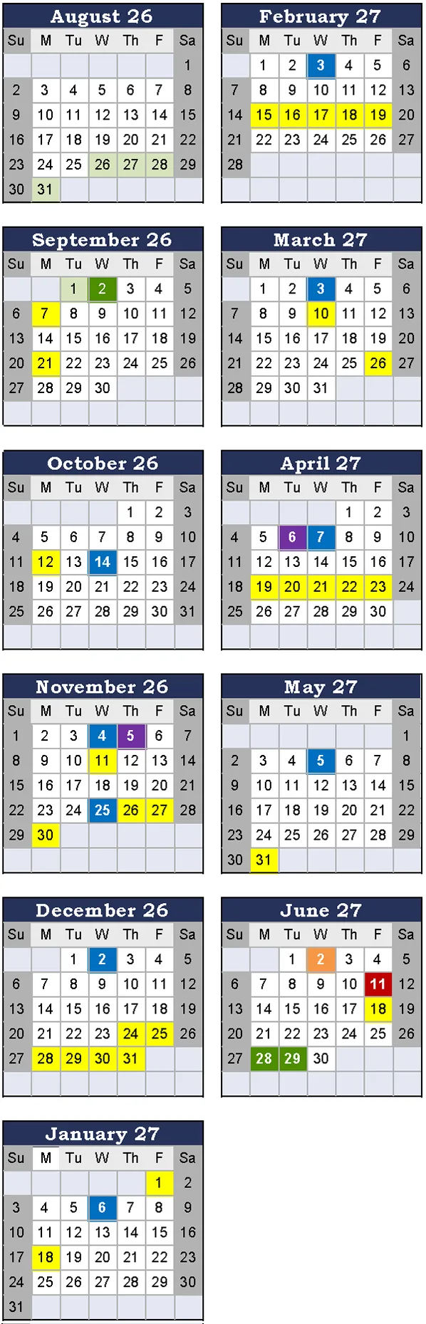 The Wellesley Public Schools 2026-27 calendar grid: month grids from August 2026 to June 2027, with no-school days in yellow, middle and high school early releases in blue, elementary conference early releases in purple, a middle school early release in orange, high school graduation in dark red, and the opening and closing days in green. The key is printed on the district's calendar page, not in the image.