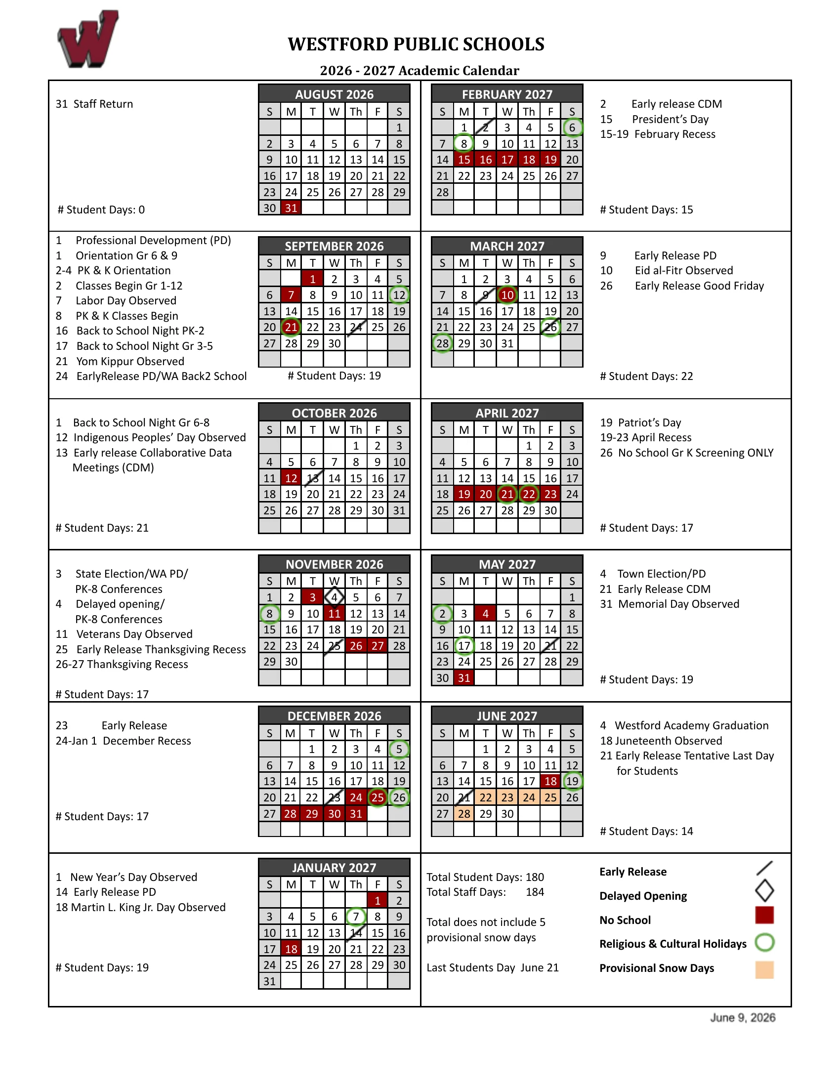 The Westford Public Schools 2026-2027 academic calendar: month grids from August 2026 to June 2027 with each month's dates listed beside it and its student-day count, no-school days in red, early releases marked with a slash, a delayed opening with a diamond, religious and cultural holidays circled in green and provisional snow days in peach; page 2 lists start, dismissal and early dismissal times by school, back-to-school nights, parent conferences, marking period end dates and religious holiday policies.
