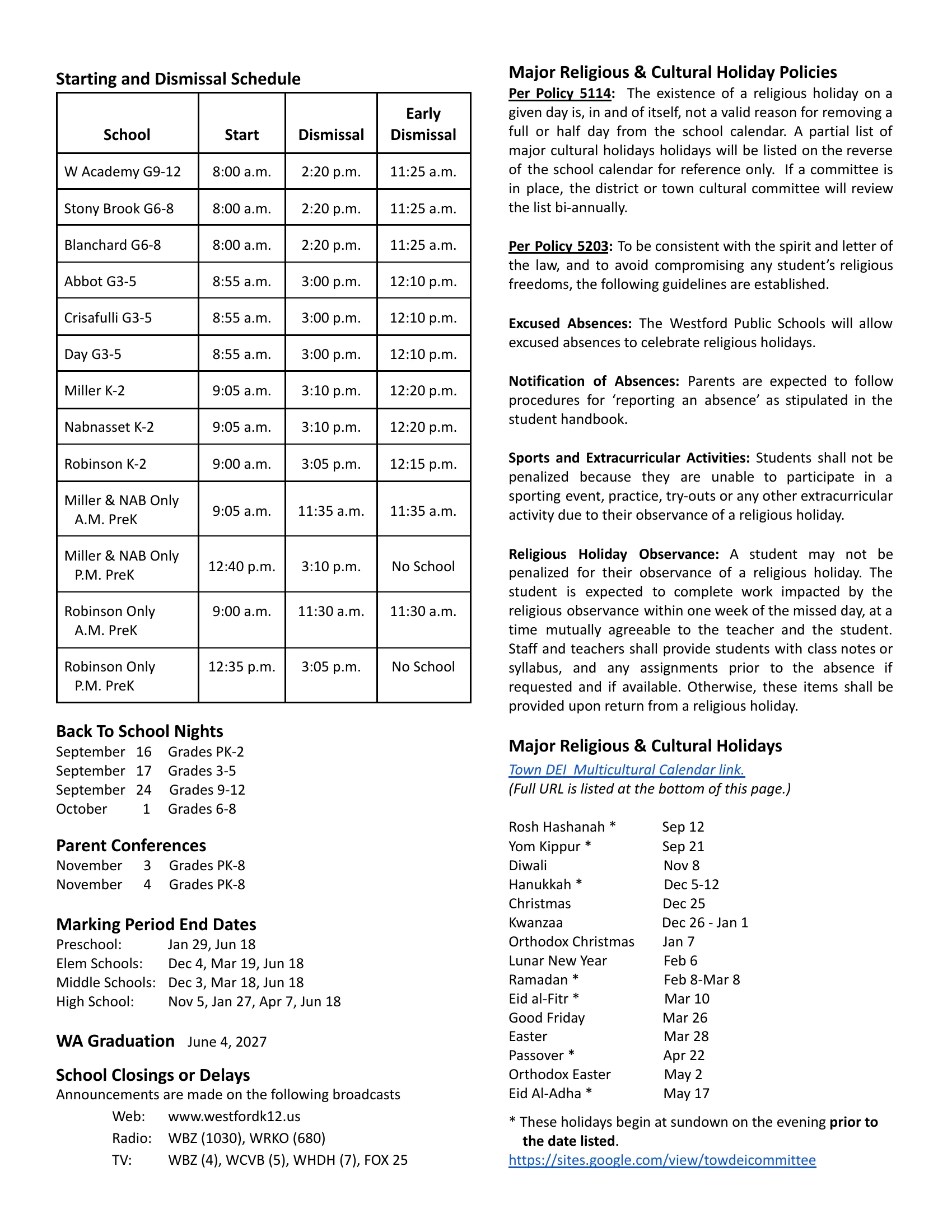 The Westford Public Schools 2026-2027 academic calendar: month grids from August 2026 to June 2027 with each month's dates listed beside it and its student-day count, no-school days in red, early releases marked with a slash, a delayed opening with a diamond, religious and cultural holidays circled in green and provisional snow days in peach; page 2 lists start, dismissal and early dismissal times by school, back-to-school nights, parent conferences, marking period end dates and religious holiday policies. Page 2 of 2.