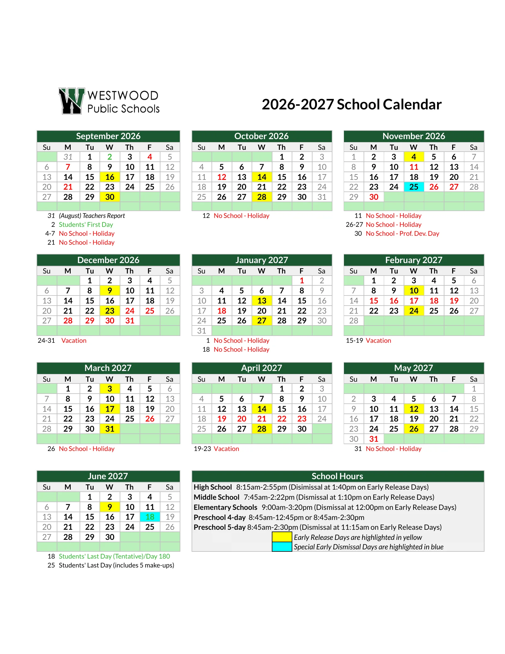 The Westwood Public Schools 2026-2027 School Calendar: month grids from September 2026 to June 2027 with no-school days in red, early release Wednesdays in yellow, special early dismissal days in blue, dated notes under each month, and a school hours box with each level's early release dismissal time.