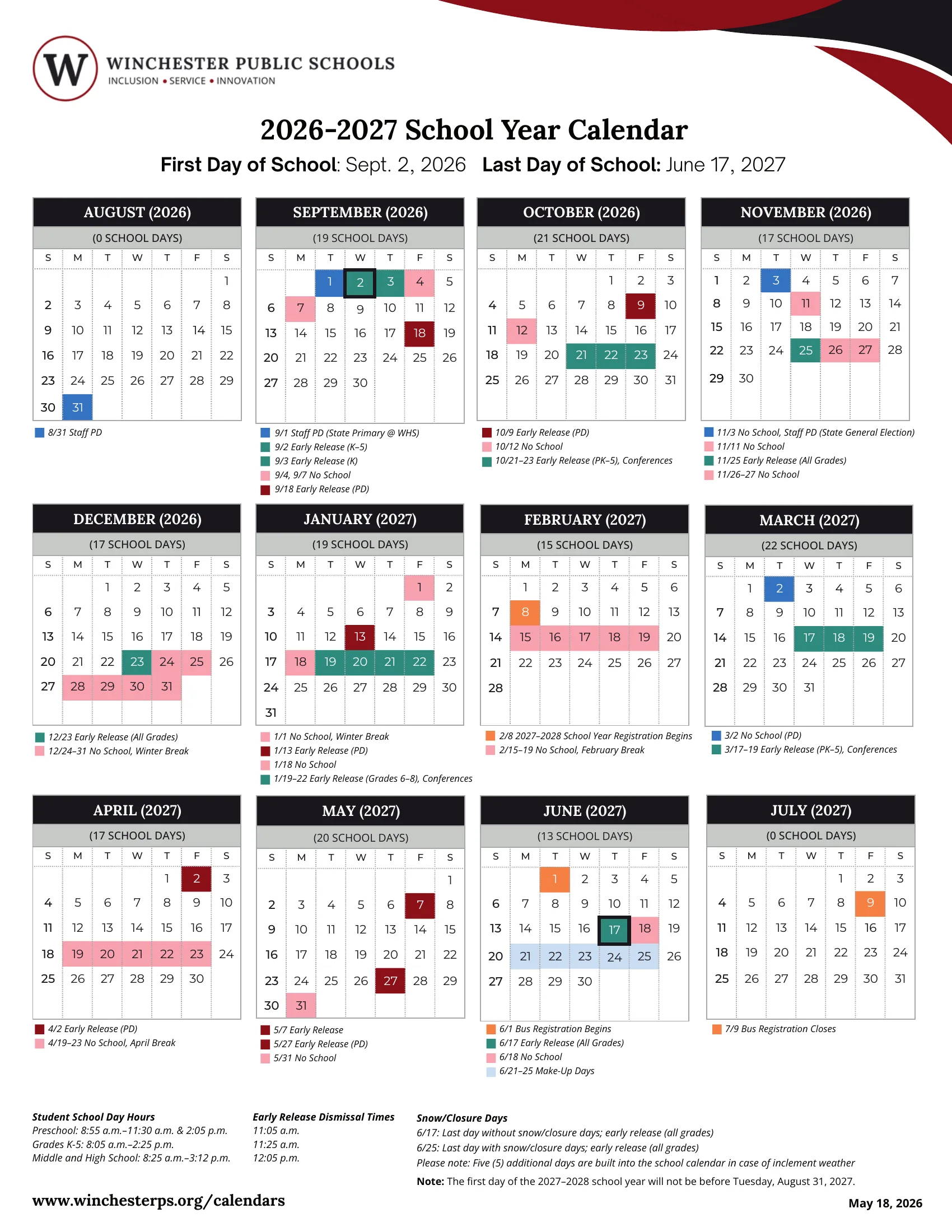 The Winchester Public Schools 2026-2027 School Year Calendar: month grids from August 2026 to July 2027 with staff professional development days in blue, no-school days in pink, early releases in green and dark red, make-up days in light blue and registration dates in orange, a key under each month, monthly school day counts, school hours, early release dismissal times and the snow day rule.