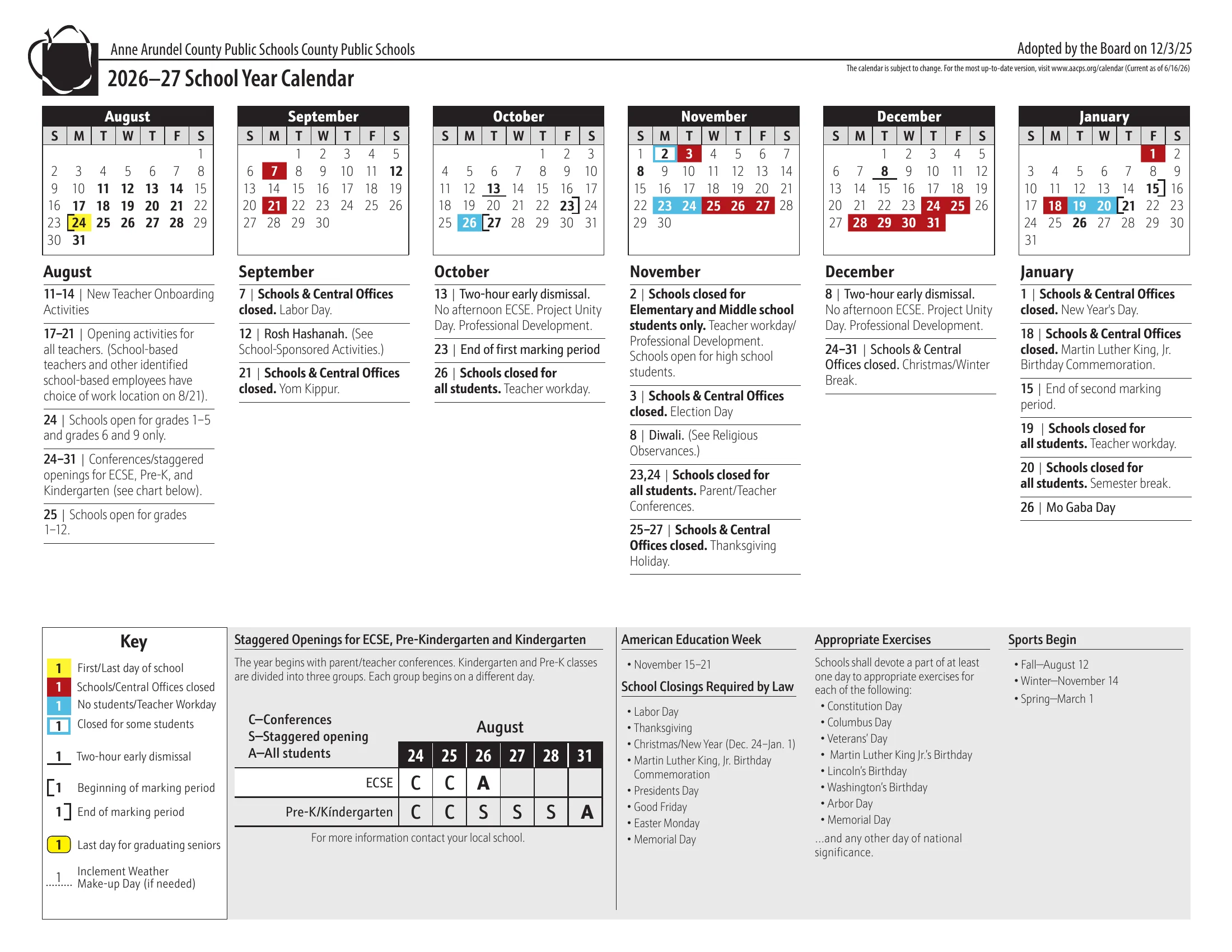The Anne Arundel County Public Schools 2026-27 School Year Calendar, two pages: month grids from August 2026 to July 2027 with first and last days in yellow, closings in red, teacher workdays in blue, a blue outline on the day closed for some students, underlines on two-hour early dismissals, brackets at the start and end of each marking period and dotted underlines on the June weather makeup days, with dated notes, a key, the kindergarten staggered opening chart and the district's calendar rules.