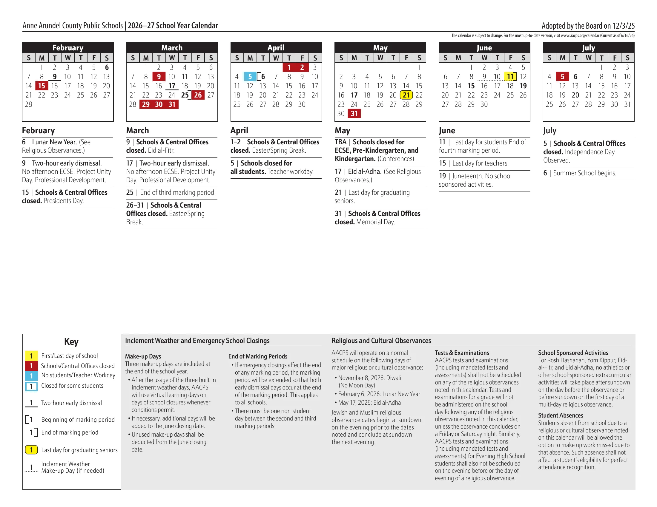 The Anne Arundel County Public Schools 2026-27 School Year Calendar, two pages: month grids from August 2026 to July 2027 with first and last days in yellow, closings in red, teacher workdays in blue, a blue outline on the day closed for some students, underlines on two-hour early dismissals, brackets at the start and end of each marking period and dotted underlines on the June weather makeup days, with dated notes, a key, the kindergarten staggered opening chart and the district's calendar rules. Page 2 of 2.