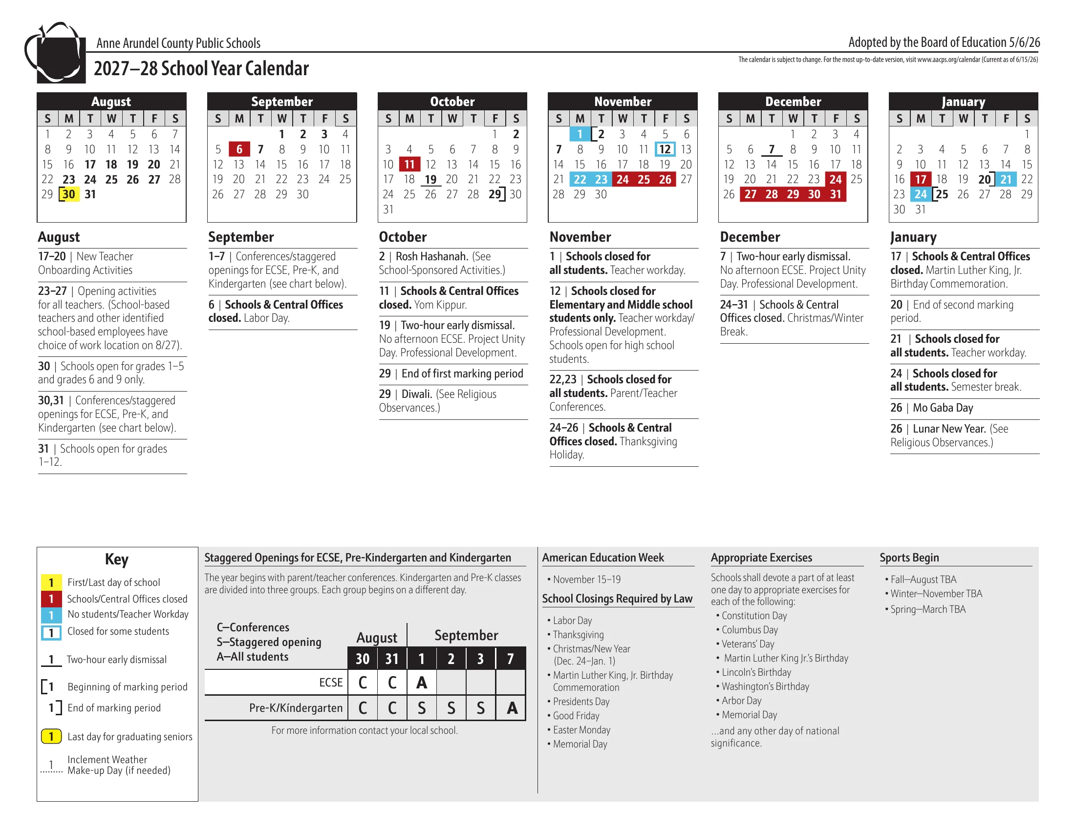 The Anne Arundel County Public Schools 2027-28 School Year Calendar, two pages: month grids from August 2027 to July 2028 with first and last days in yellow, closings in red, teacher workdays in blue, a blue outline on the day closed for some students, underlines on two-hour early dismissals, brackets at the start and end of each marking period and dotted underlines on the June weather makeup days, with dated notes, a key, the kindergarten staggered opening chart and the district's calendar rules.