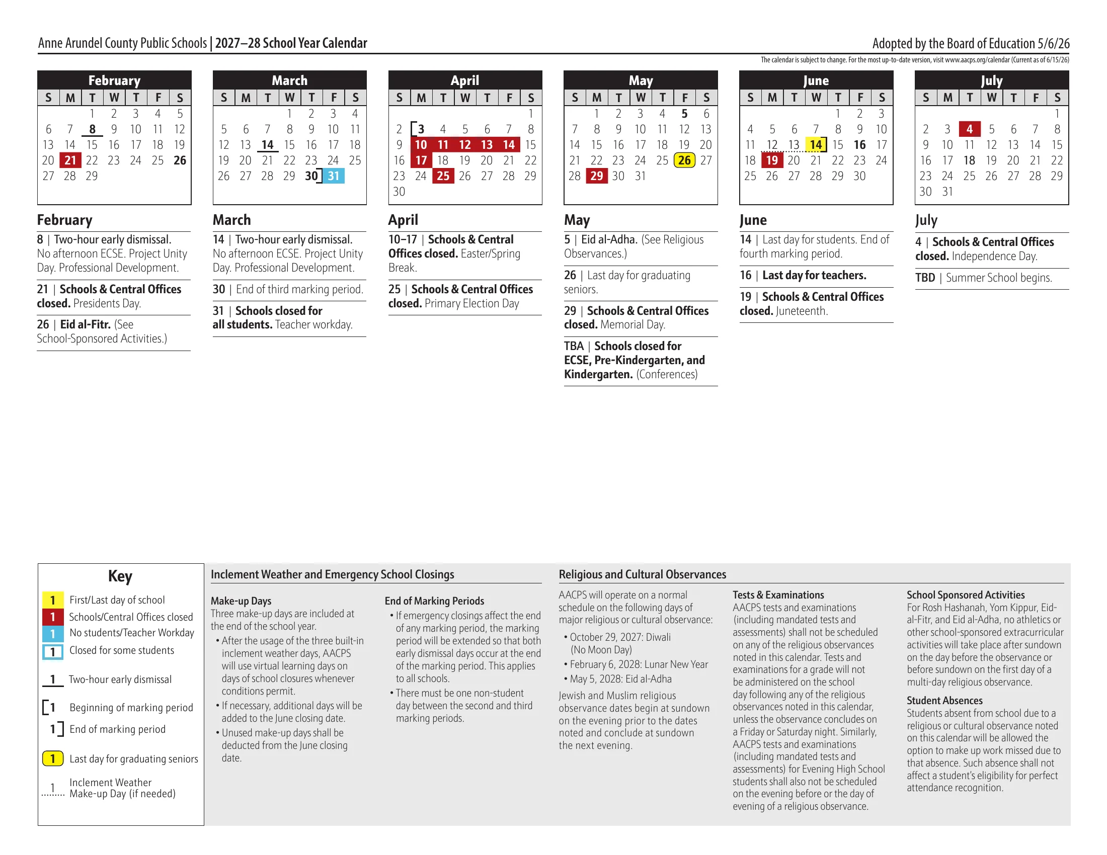 The Anne Arundel County Public Schools 2027-28 School Year Calendar, two pages: month grids from August 2027 to July 2028 with first and last days in yellow, closings in red, teacher workdays in blue, a blue outline on the day closed for some students, underlines on two-hour early dismissals, brackets at the start and end of each marking period and dotted underlines on the June weather makeup days, with dated notes, a key, the kindergarten staggered opening chart and the district's calendar rules. Page 2 of 2.