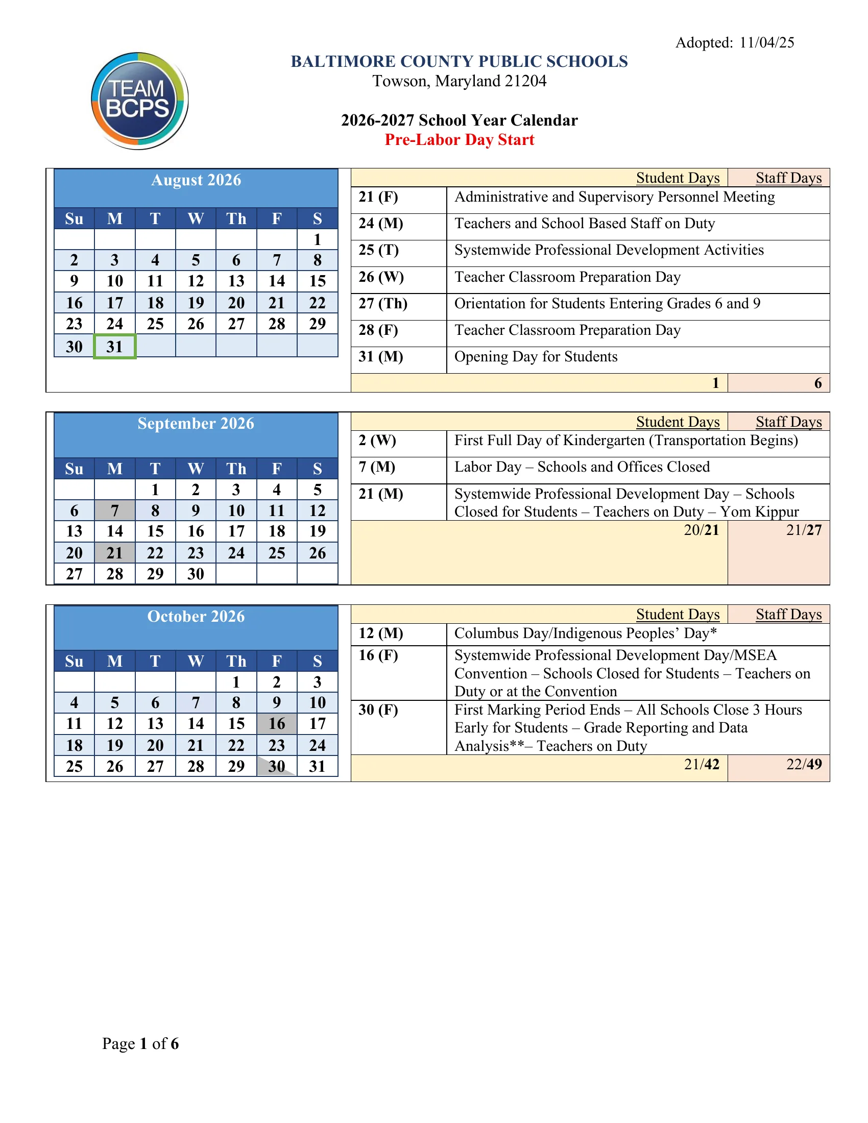 The Baltimore County Public Schools 2026-2027 School Year Calendar (Pre-Labor Day Start, adopted 11/04/25): month grids from August 2026 to July 2027 beside each month's dated list and student and staff day counts. Gray boxes are days schools are closed for students, half-gray boxes are half days, the first day is outlined in green, the June inclement weather makeup days are yellow and the last day if all are used is outlined in red. Page 5 holds the key and the rules for adjusting the calendar.