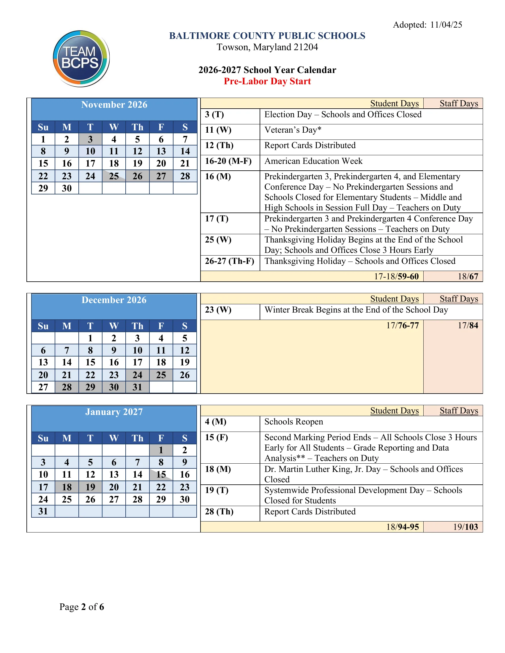 The Baltimore County Public Schools 2026-2027 School Year Calendar (Pre-Labor Day Start, adopted 11/04/25): month grids from August 2026 to July 2027 beside each month's dated list and student and staff day counts. Gray boxes are days schools are closed for students, half-gray boxes are half days, the first day is outlined in green, the June inclement weather makeup days are yellow and the last day if all are used is outlined in red. Page 5 holds the key and the rules for adjusting the calendar. Page 2 of 5.