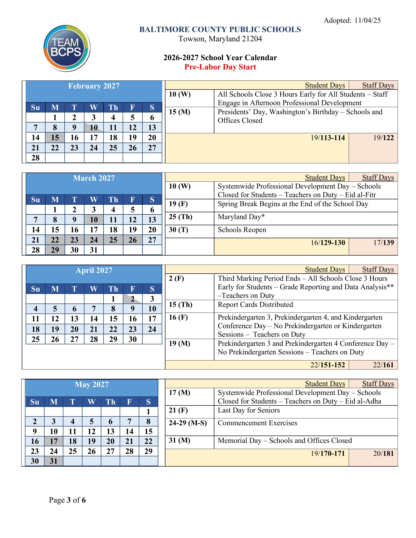 The Baltimore County Public Schools 2026-2027 School Year Calendar (Pre-Labor Day Start, adopted 11/04/25): month grids from August 2026 to July 2027 beside each month's dated list and student and staff day counts. Gray boxes are days schools are closed for students, half-gray boxes are half days, the first day is outlined in green, the June inclement weather makeup days are yellow and the last day if all are used is outlined in red. Page 5 holds the key and the rules for adjusting the calendar. Page 3 of 5.