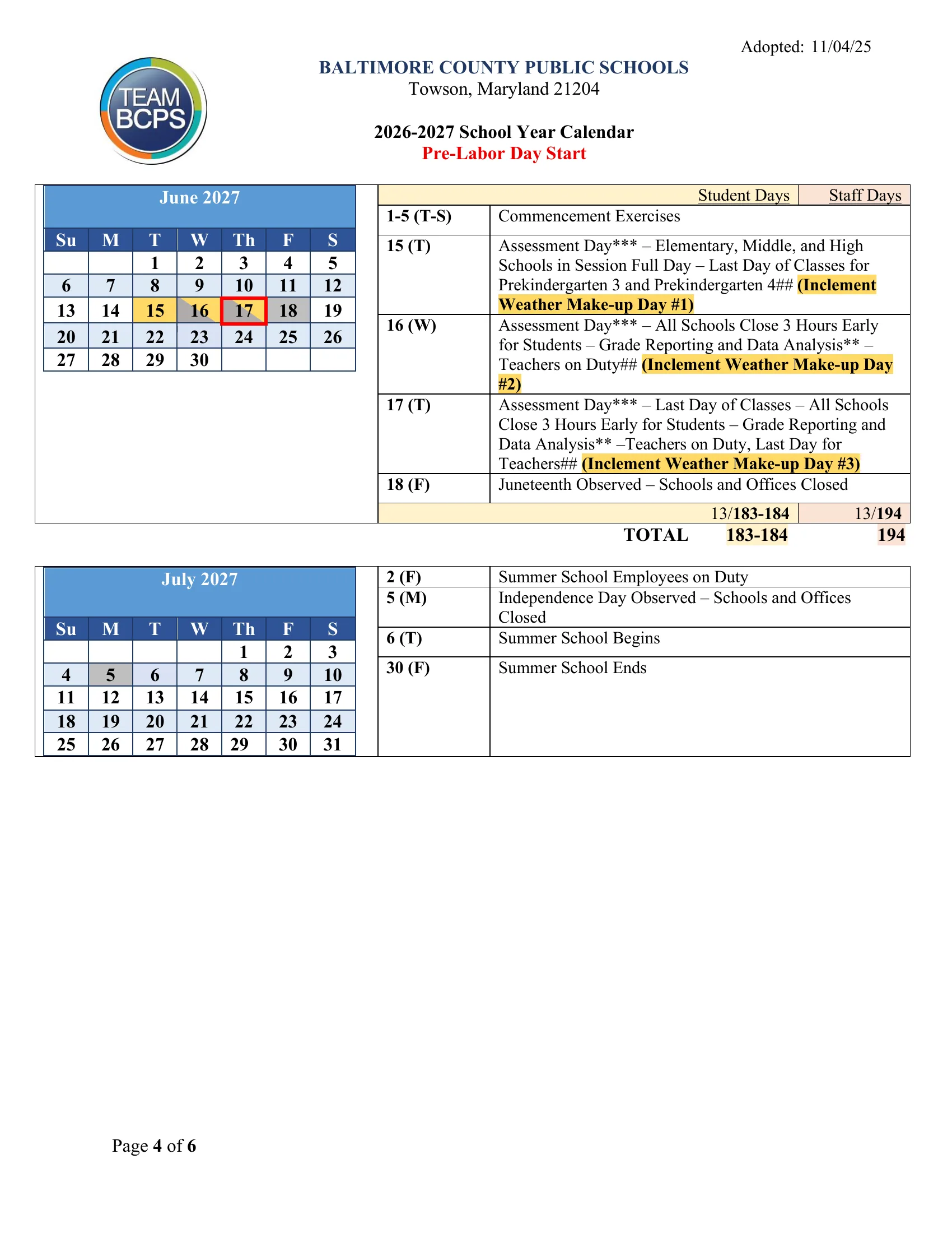 The Baltimore County Public Schools 2026-2027 School Year Calendar (Pre-Labor Day Start, adopted 11/04/25): month grids from August 2026 to July 2027 beside each month's dated list and student and staff day counts. Gray boxes are days schools are closed for students, half-gray boxes are half days, the first day is outlined in green, the June inclement weather makeup days are yellow and the last day if all are used is outlined in red. Page 5 holds the key and the rules for adjusting the calendar. Page 4 of 5.