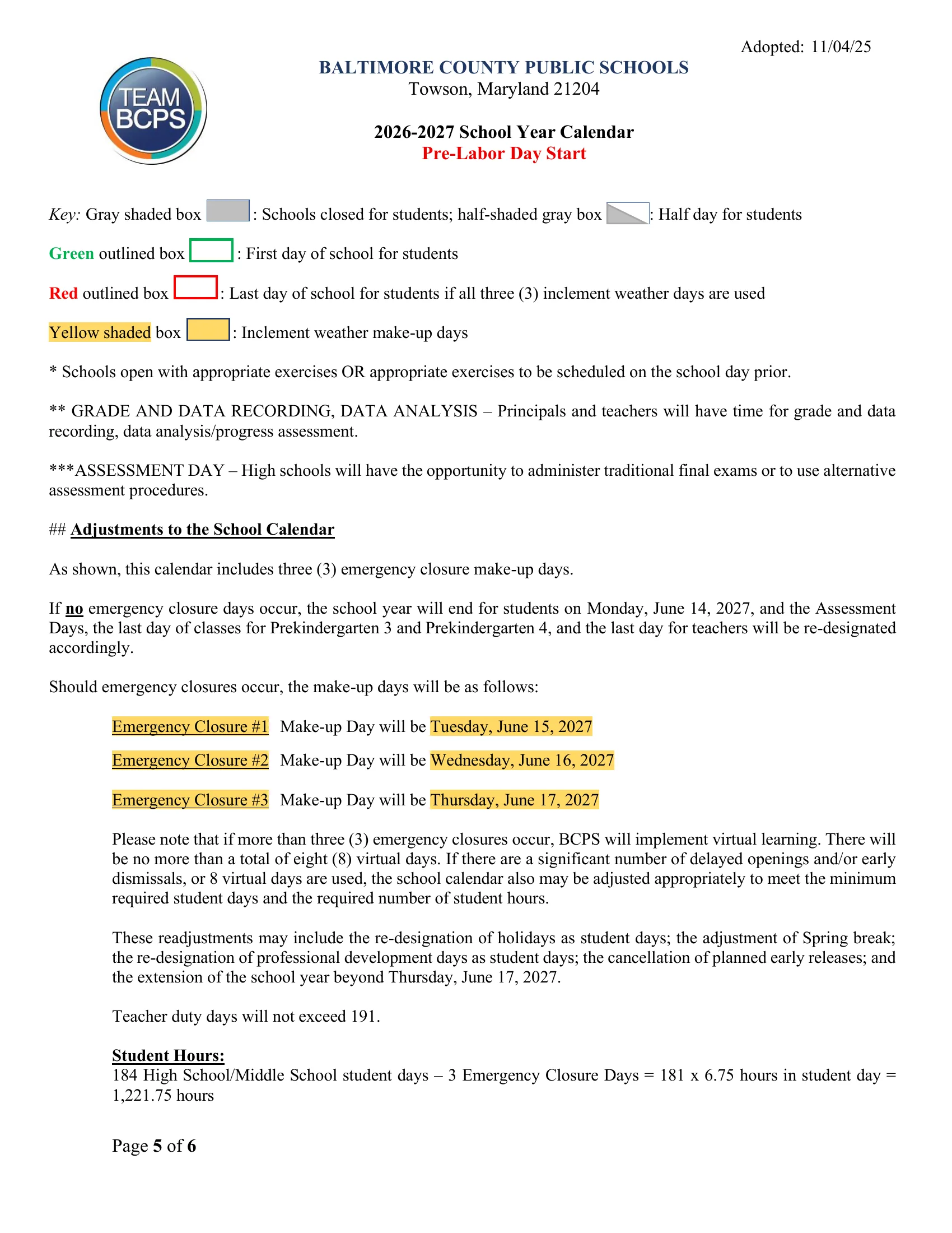 The Baltimore County Public Schools 2026-2027 School Year Calendar (Pre-Labor Day Start, adopted 11/04/25): month grids from August 2026 to July 2027 beside each month's dated list and student and staff day counts. Gray boxes are days schools are closed for students, half-gray boxes are half days, the first day is outlined in green, the June inclement weather makeup days are yellow and the last day if all are used is outlined in red. Page 5 holds the key and the rules for adjusting the calendar. Page 5 of 5.