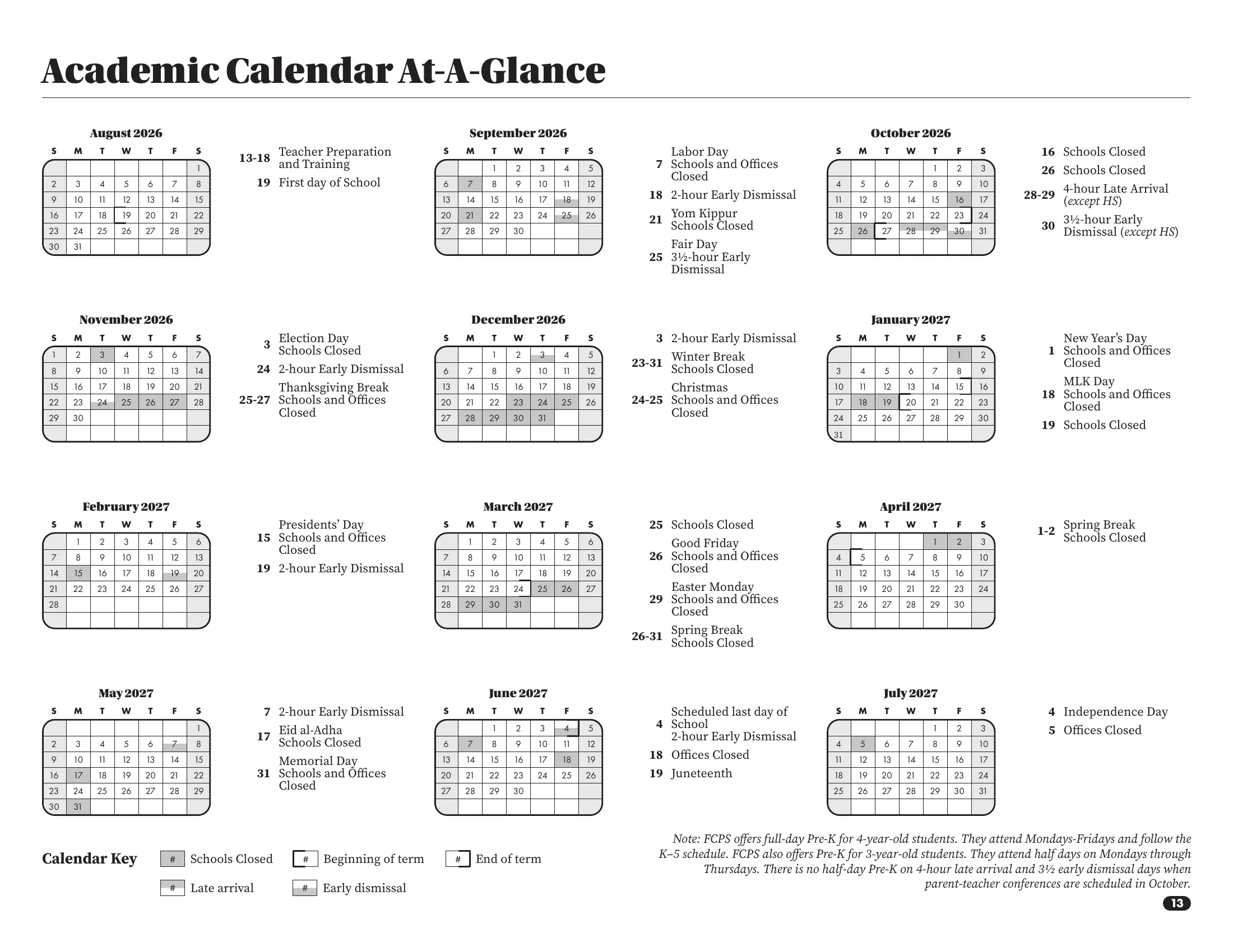 The Frederick County Public Schools 2026-27 Academic Calendar At-A-Glance: month grids from August 2026 to July 2027 with schools-closed days shaded, early dismissals and late arrivals marked, term starts and ends outlined, and the dates listed beside each month.