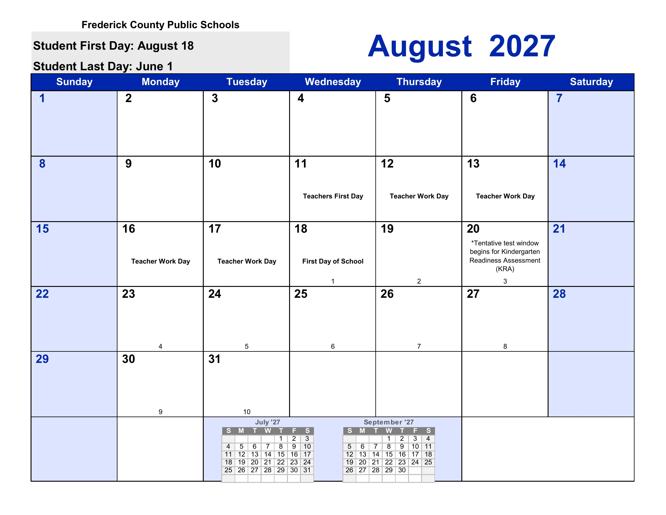 The Frederick County Public Schools 2027-28 academic calendar: one month grid per page from August 2027 to July 2028, with school-closed days and early dismissals shaded, events written in each day, and each school day numbered by term and for the year.