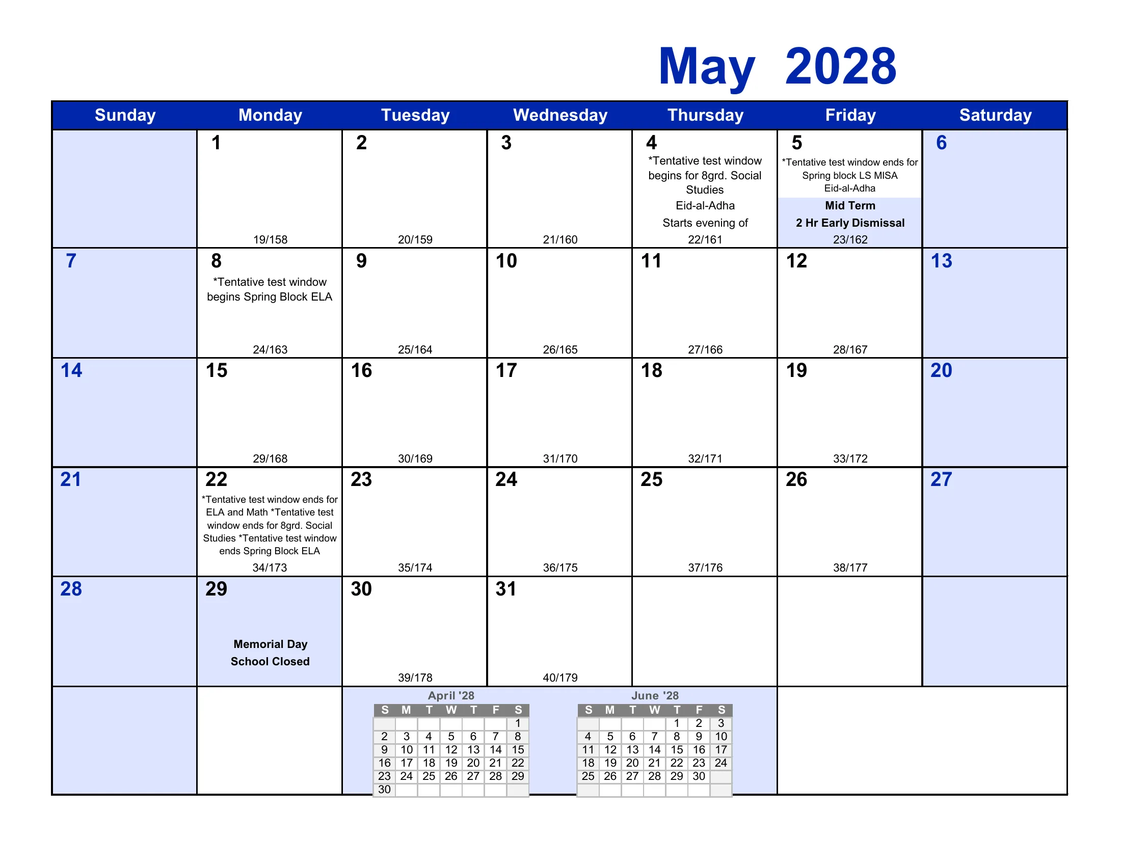 The Frederick County Public Schools 2027-28 academic calendar: one month grid per page from August 2027 to July 2028, with school-closed days and early dismissals shaded, events written in each day, and each school day numbered by term and for the year. Page 10 of 12.