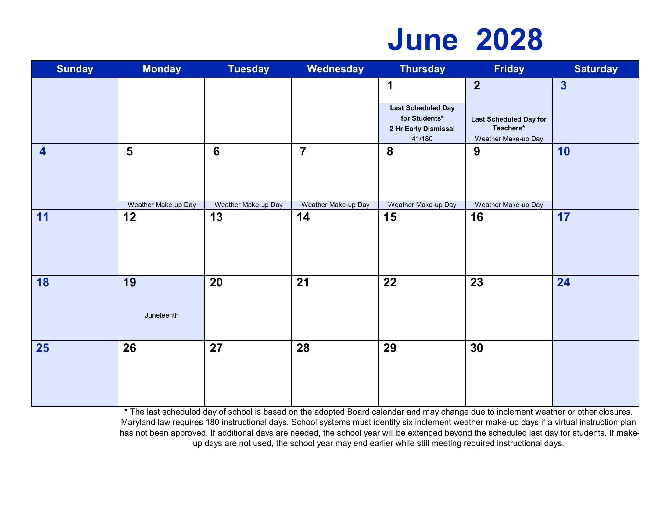 The Frederick County Public Schools 2027-28 academic calendar: one month grid per page from August 2027 to July 2028, with school-closed days and early dismissals shaded, events written in each day, and each school day numbered by term and for the year. Page 11 of 12.