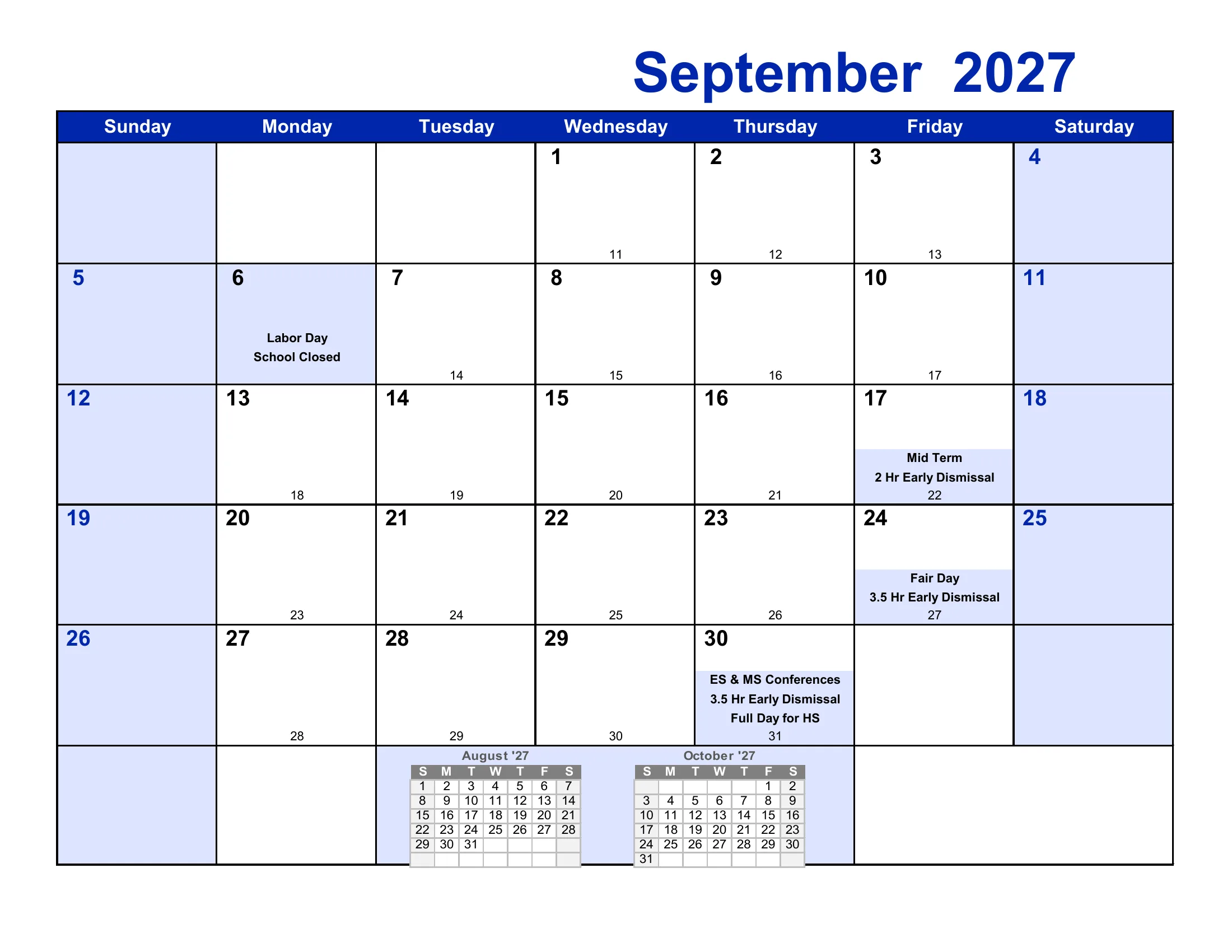 The Frederick County Public Schools 2027-28 academic calendar: one month grid per page from August 2027 to July 2028, with school-closed days and early dismissals shaded, events written in each day, and each school day numbered by term and for the year. Page 2 of 12.