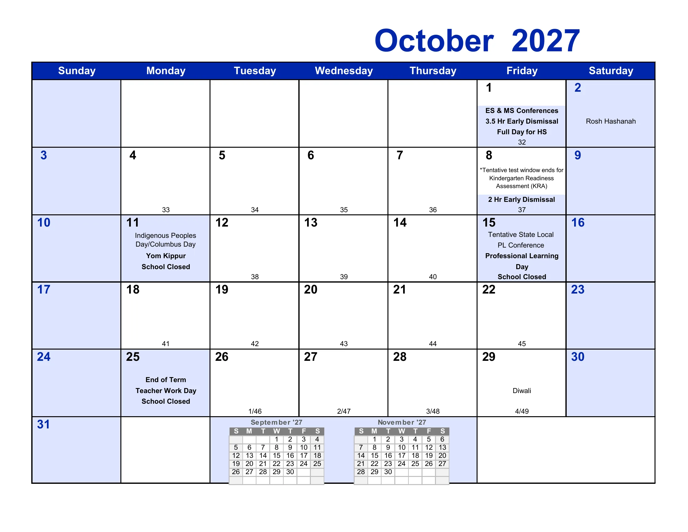 The Frederick County Public Schools 2027-28 academic calendar: one month grid per page from August 2027 to July 2028, with school-closed days and early dismissals shaded, events written in each day, and each school day numbered by term and for the year. Page 3 of 12.