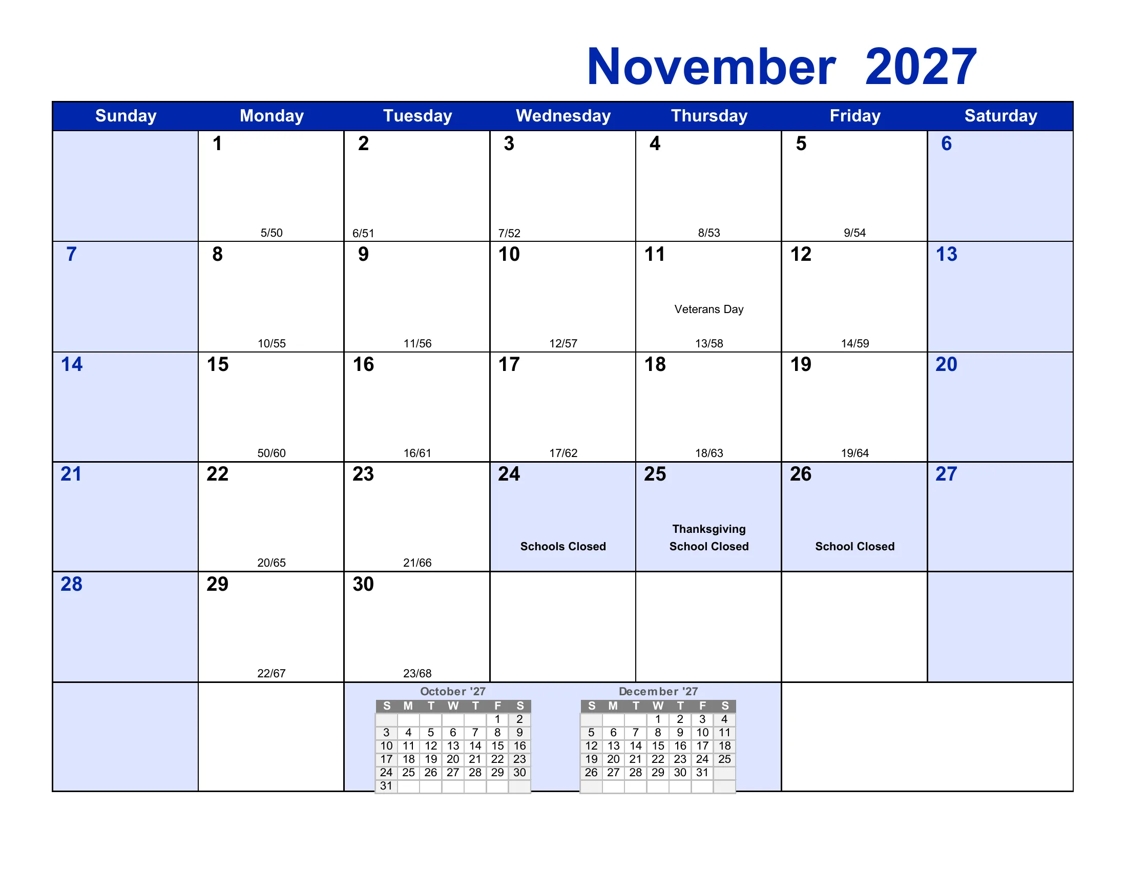 The Frederick County Public Schools 2027-28 academic calendar: one month grid per page from August 2027 to July 2028, with school-closed days and early dismissals shaded, events written in each day, and each school day numbered by term and for the year. Page 4 of 12.
