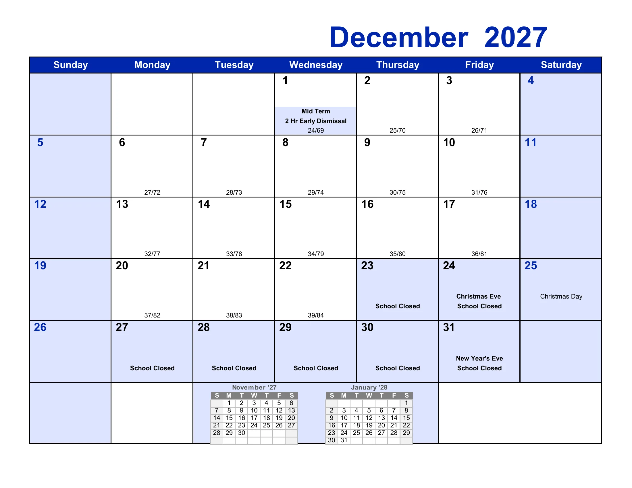 The Frederick County Public Schools 2027-28 academic calendar: one month grid per page from August 2027 to July 2028, with school-closed days and early dismissals shaded, events written in each day, and each school day numbered by term and for the year. Page 5 of 12.