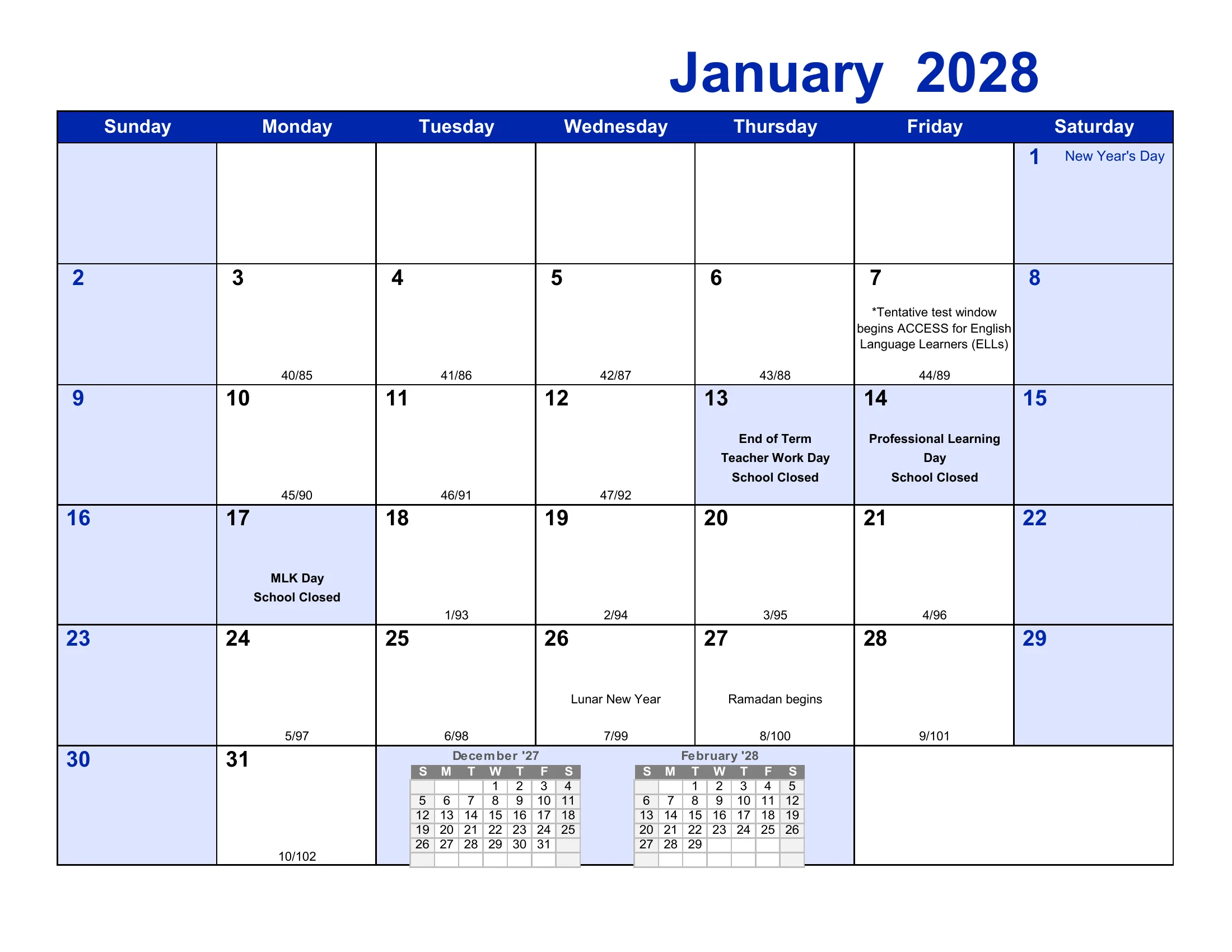 The Frederick County Public Schools 2027-28 academic calendar: one month grid per page from August 2027 to July 2028, with school-closed days and early dismissals shaded, events written in each day, and each school day numbered by term and for the year. Page 6 of 12.