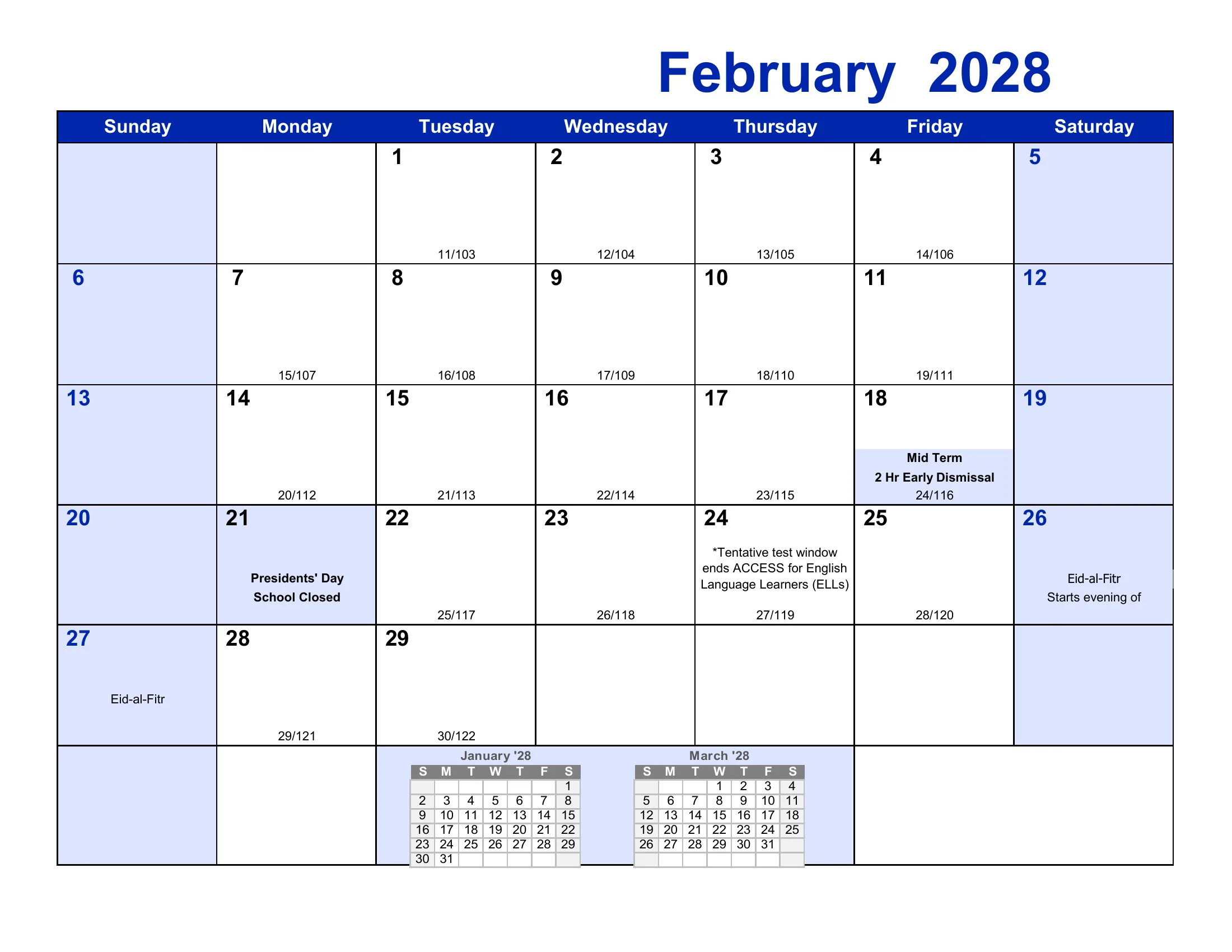 The Frederick County Public Schools 2027-28 academic calendar: one month grid per page from August 2027 to July 2028, with school-closed days and early dismissals shaded, events written in each day, and each school day numbered by term and for the year. Page 7 of 12.