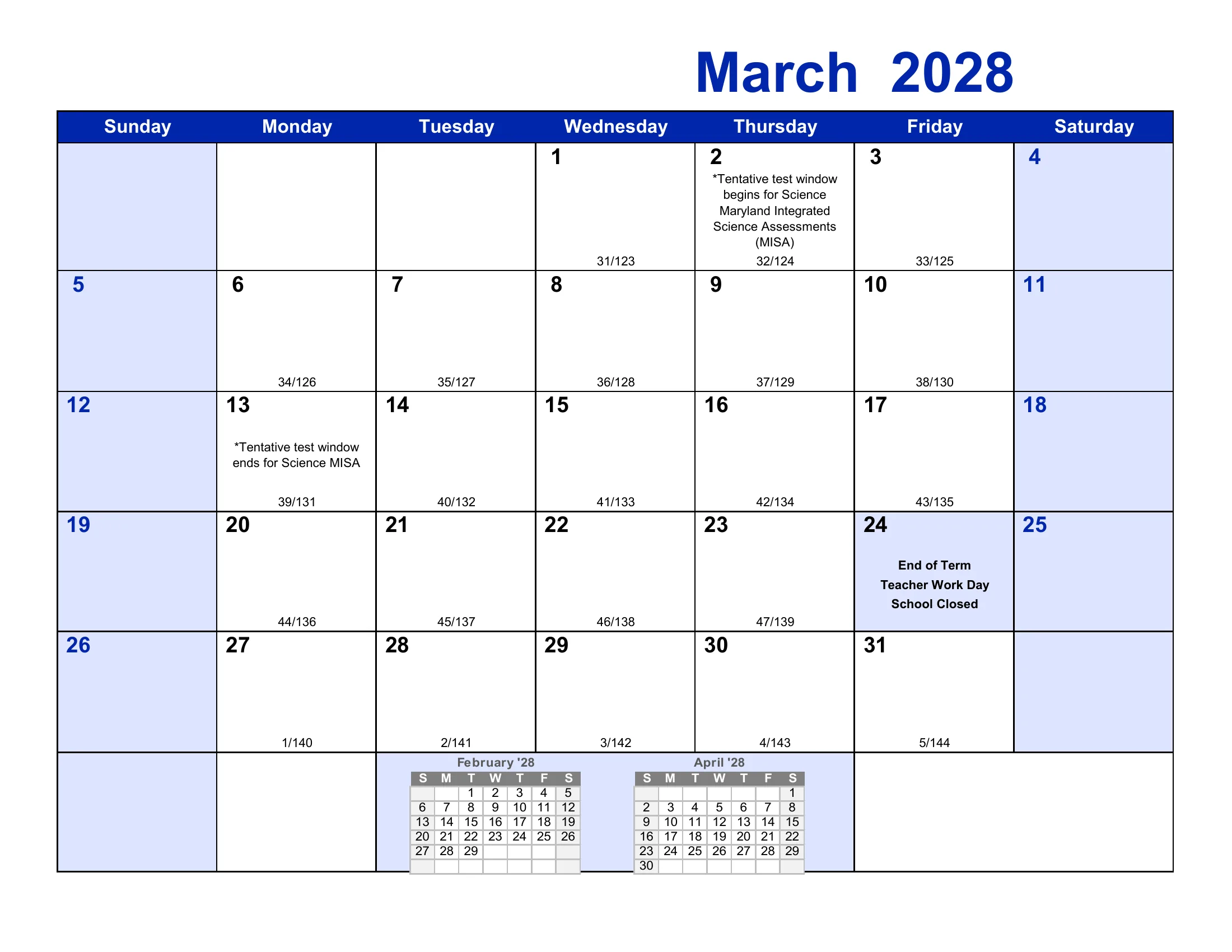 The Frederick County Public Schools 2027-28 academic calendar: one month grid per page from August 2027 to July 2028, with school-closed days and early dismissals shaded, events written in each day, and each school day numbered by term and for the year. Page 8 of 12.