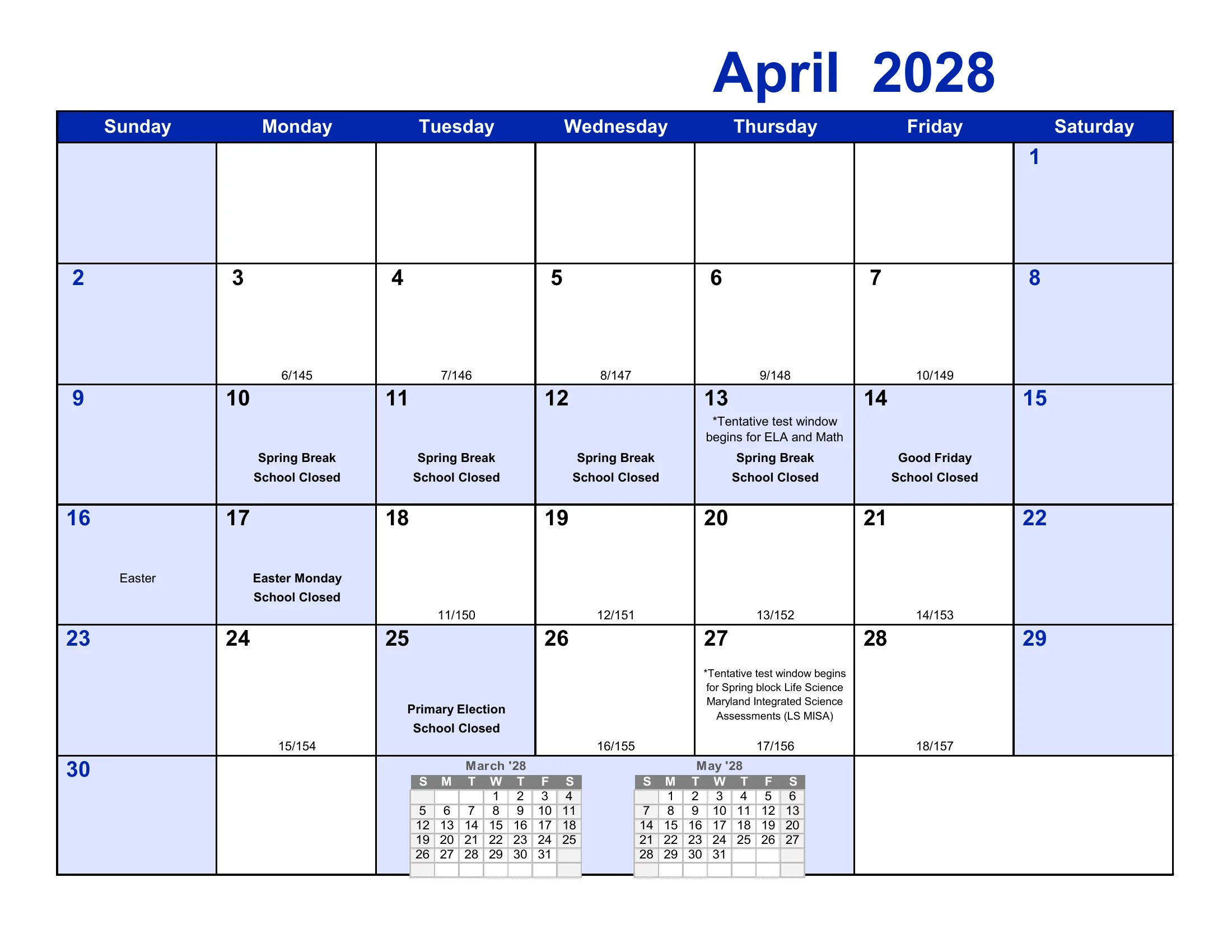 The Frederick County Public Schools 2027-28 academic calendar: one month grid per page from August 2027 to July 2028, with school-closed days and early dismissals shaded, events written in each day, and each school day numbered by term and for the year. Page 9 of 12.