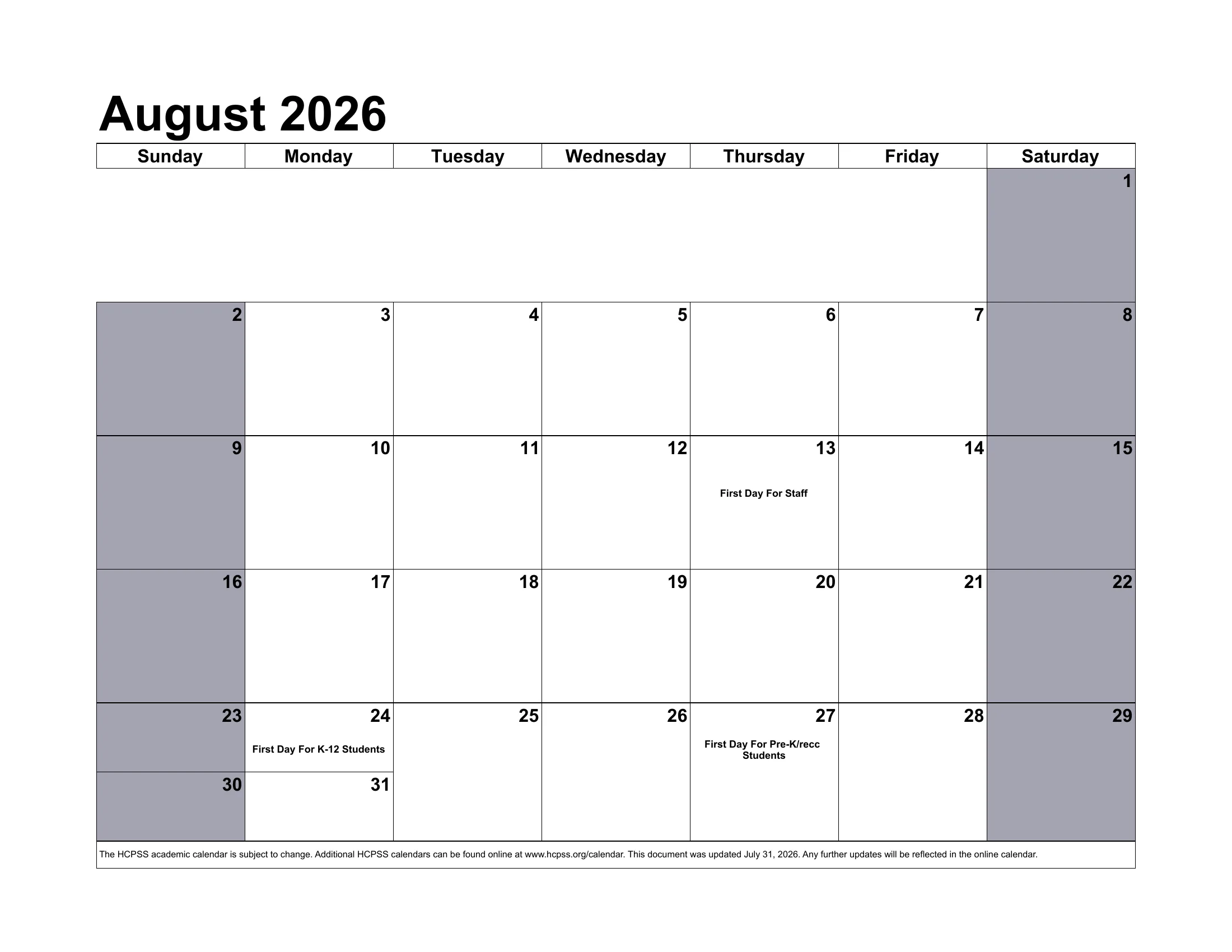 The Howard County Public School System 2026-2027 academic calendar: one month grid per page from August 2026 to July 2027, with school closings, early dismissals, staff days, conferences and the June inclement weather days written in each day's cell.