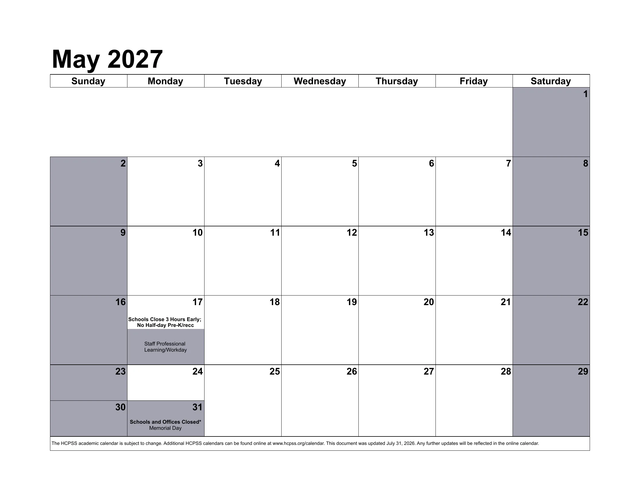 The Howard County Public School System 2026-2027 academic calendar: one month grid per page from August 2026 to July 2027, with school closings, early dismissals, staff days, conferences and the June inclement weather days written in each day's cell. Page 10 of 12.