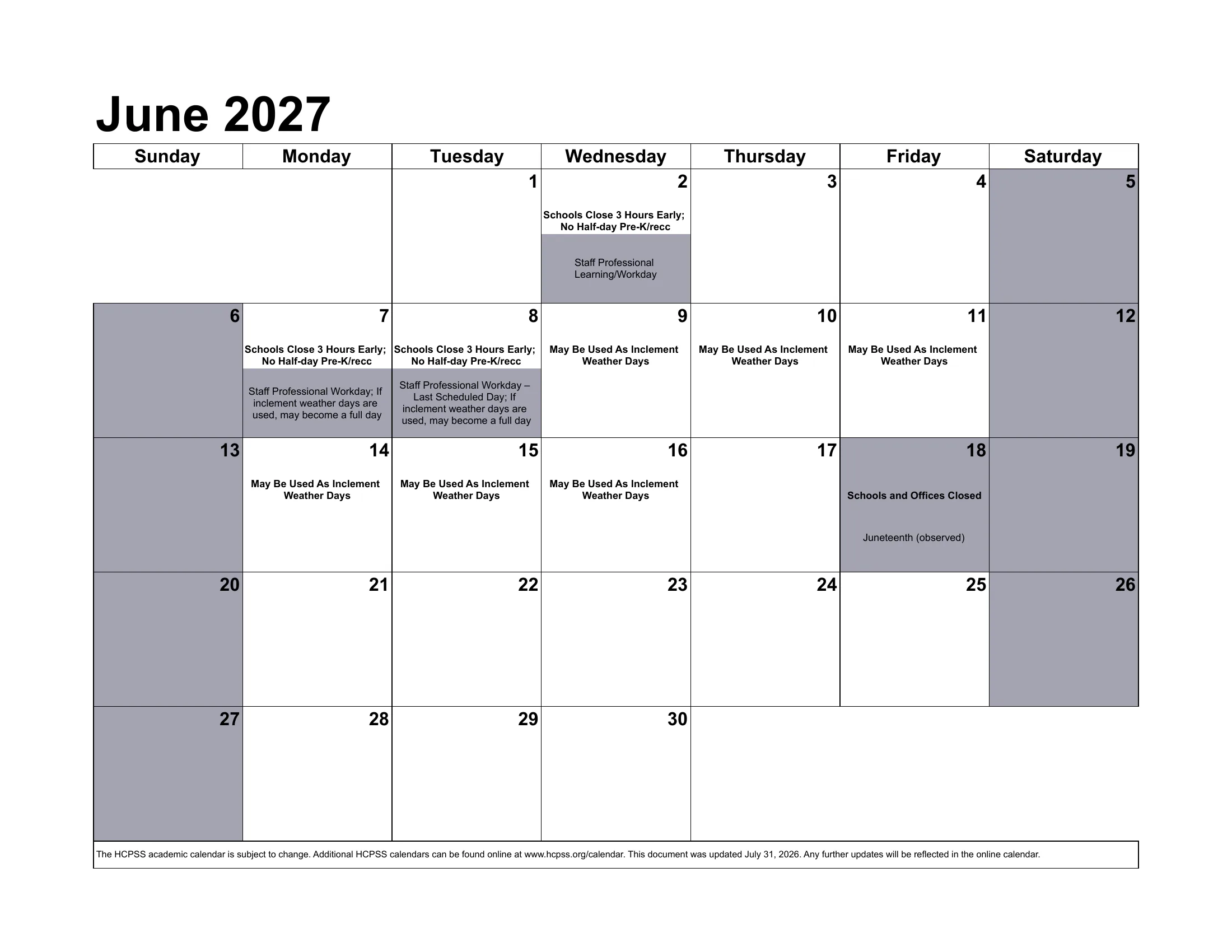 The Howard County Public School System 2026-2027 academic calendar: one month grid per page from August 2026 to July 2027, with school closings, early dismissals, staff days, conferences and the June inclement weather days written in each day's cell. Page 11 of 12.