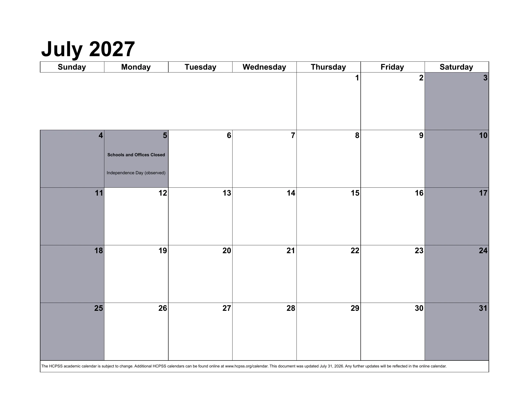 The Howard County Public School System 2026-2027 academic calendar: one month grid per page from August 2026 to July 2027, with school closings, early dismissals, staff days, conferences and the June inclement weather days written in each day's cell. Page 12 of 12.