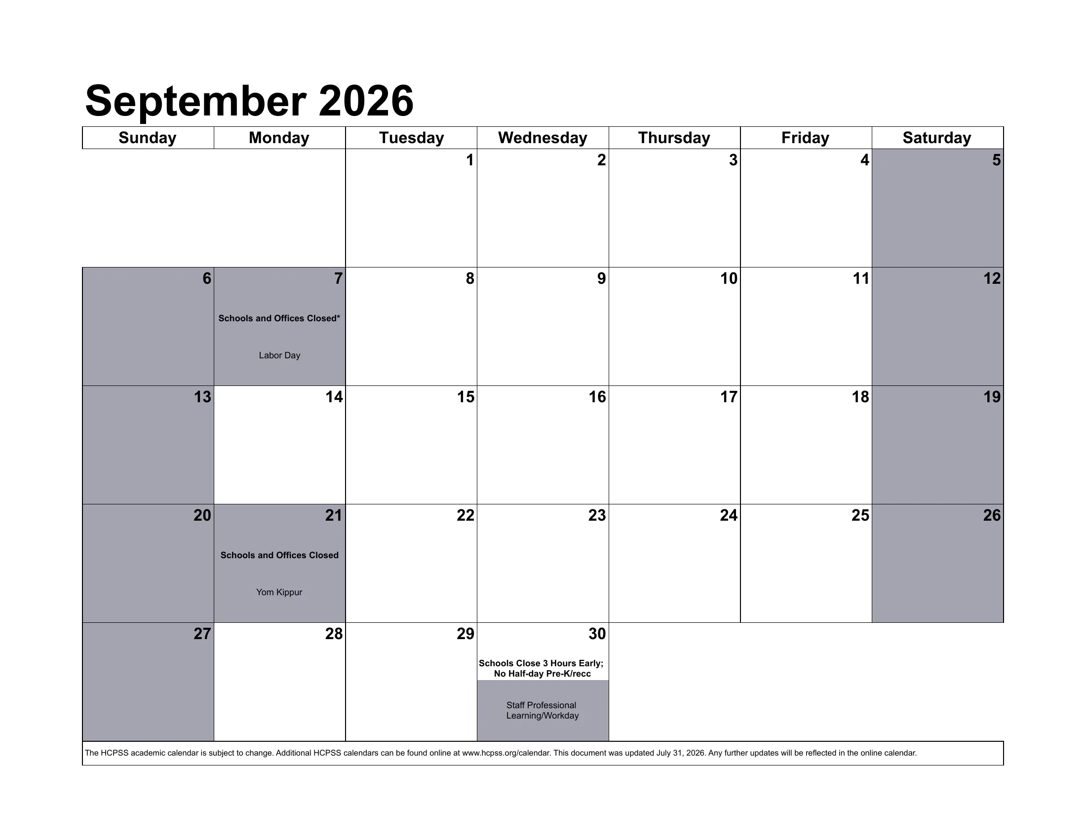 The Howard County Public School System 2026-2027 academic calendar: one month grid per page from August 2026 to July 2027, with school closings, early dismissals, staff days, conferences and the June inclement weather days written in each day's cell. Page 2 of 12.