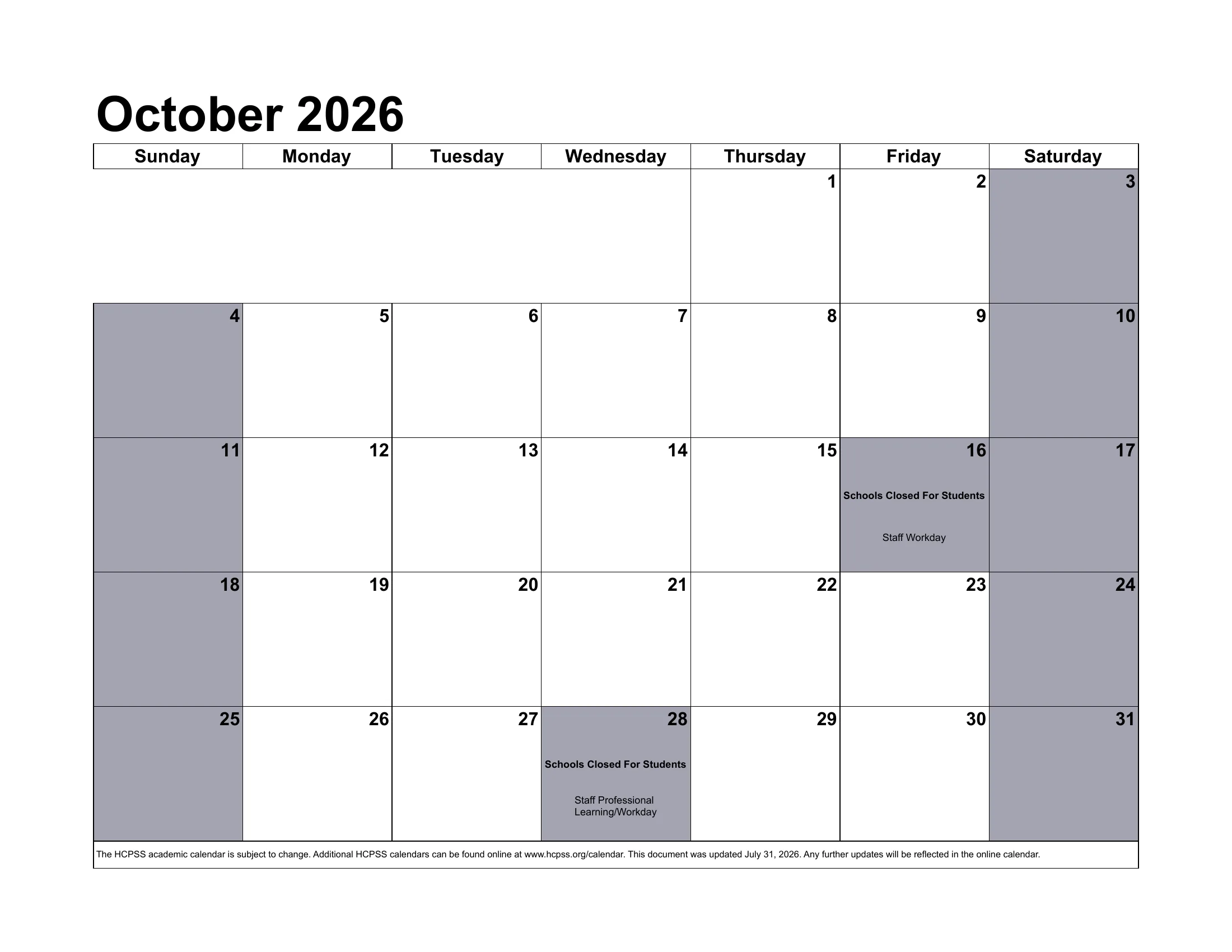 The Howard County Public School System 2026-2027 academic calendar: one month grid per page from August 2026 to July 2027, with school closings, early dismissals, staff days, conferences and the June inclement weather days written in each day's cell. Page 3 of 12.
