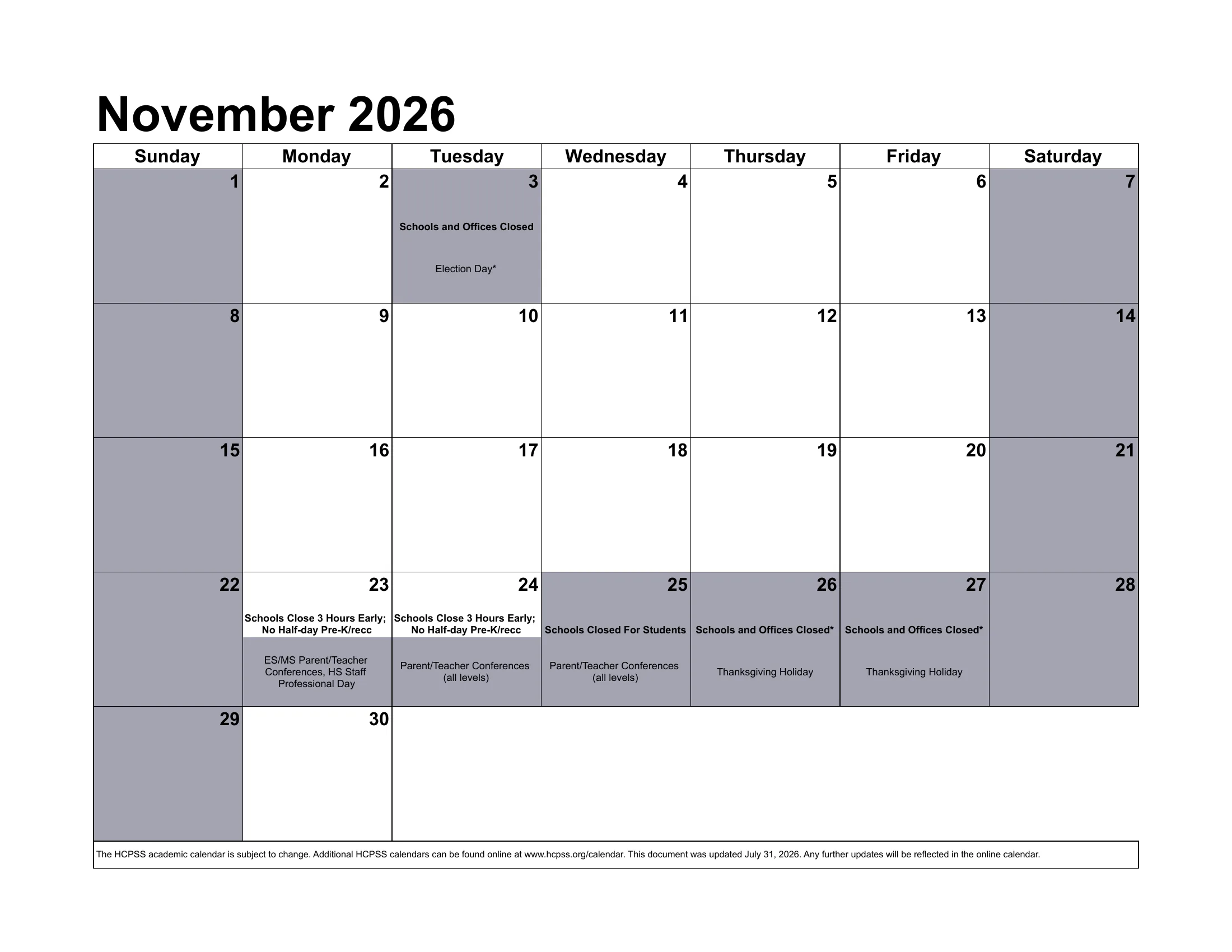 The Howard County Public School System 2026-2027 academic calendar: one month grid per page from August 2026 to July 2027, with school closings, early dismissals, staff days, conferences and the June inclement weather days written in each day's cell. Page 4 of 12.