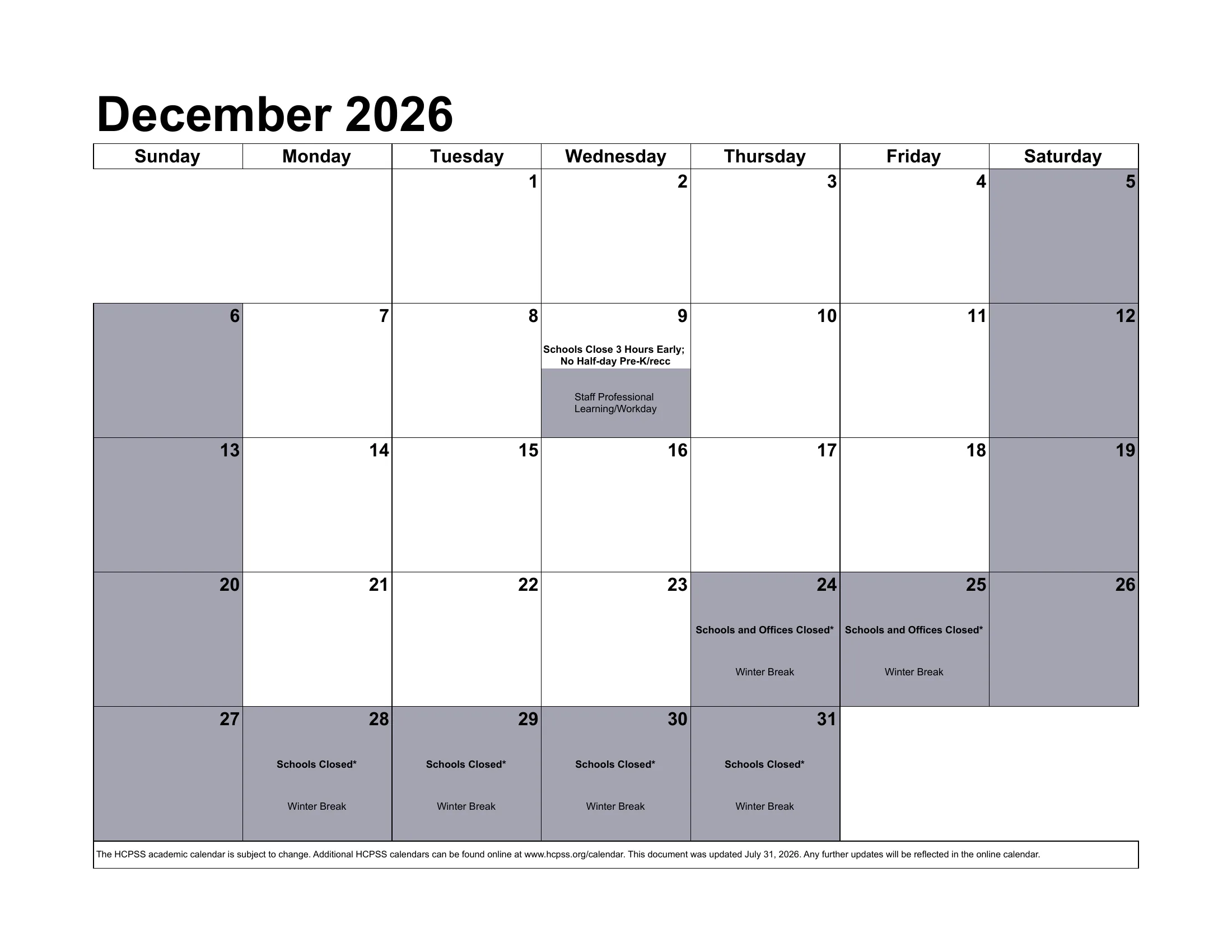The Howard County Public School System 2026-2027 academic calendar: one month grid per page from August 2026 to July 2027, with school closings, early dismissals, staff days, conferences and the June inclement weather days written in each day's cell. Page 5 of 12.