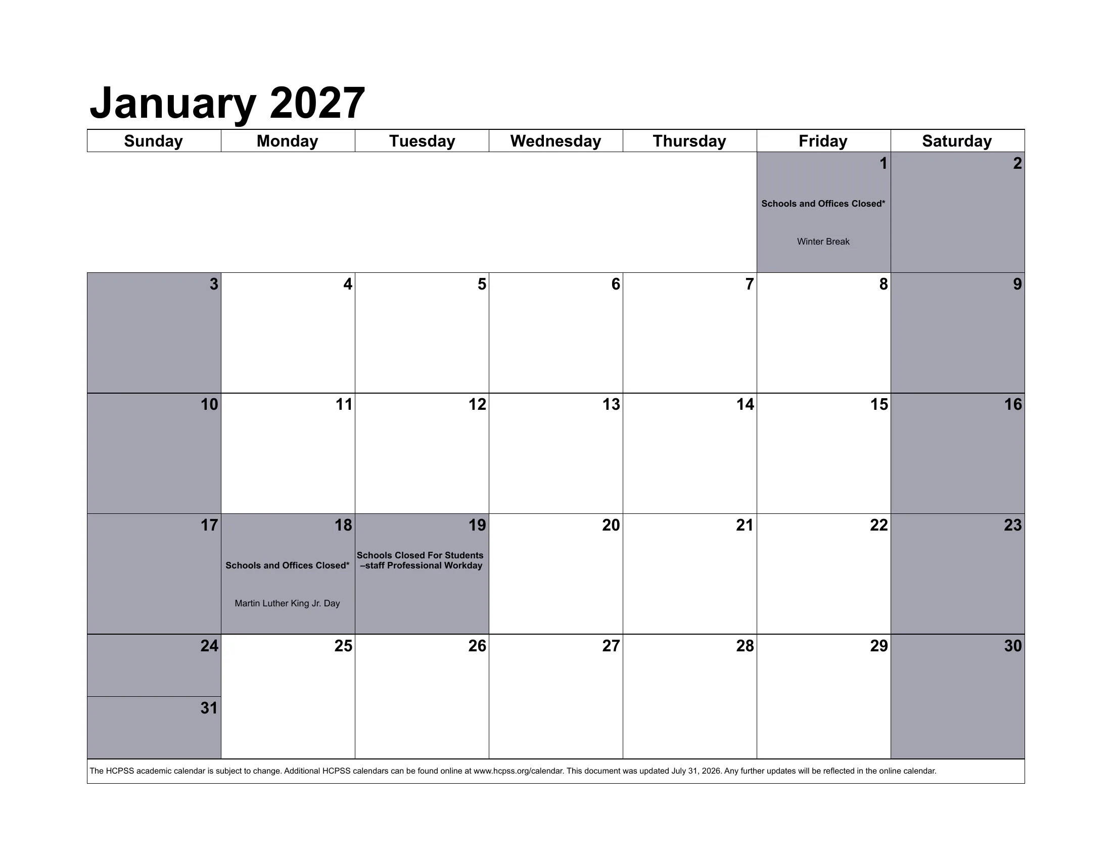 The Howard County Public School System 2026-2027 academic calendar: one month grid per page from August 2026 to July 2027, with school closings, early dismissals, staff days, conferences and the June inclement weather days written in each day's cell. Page 6 of 12.
