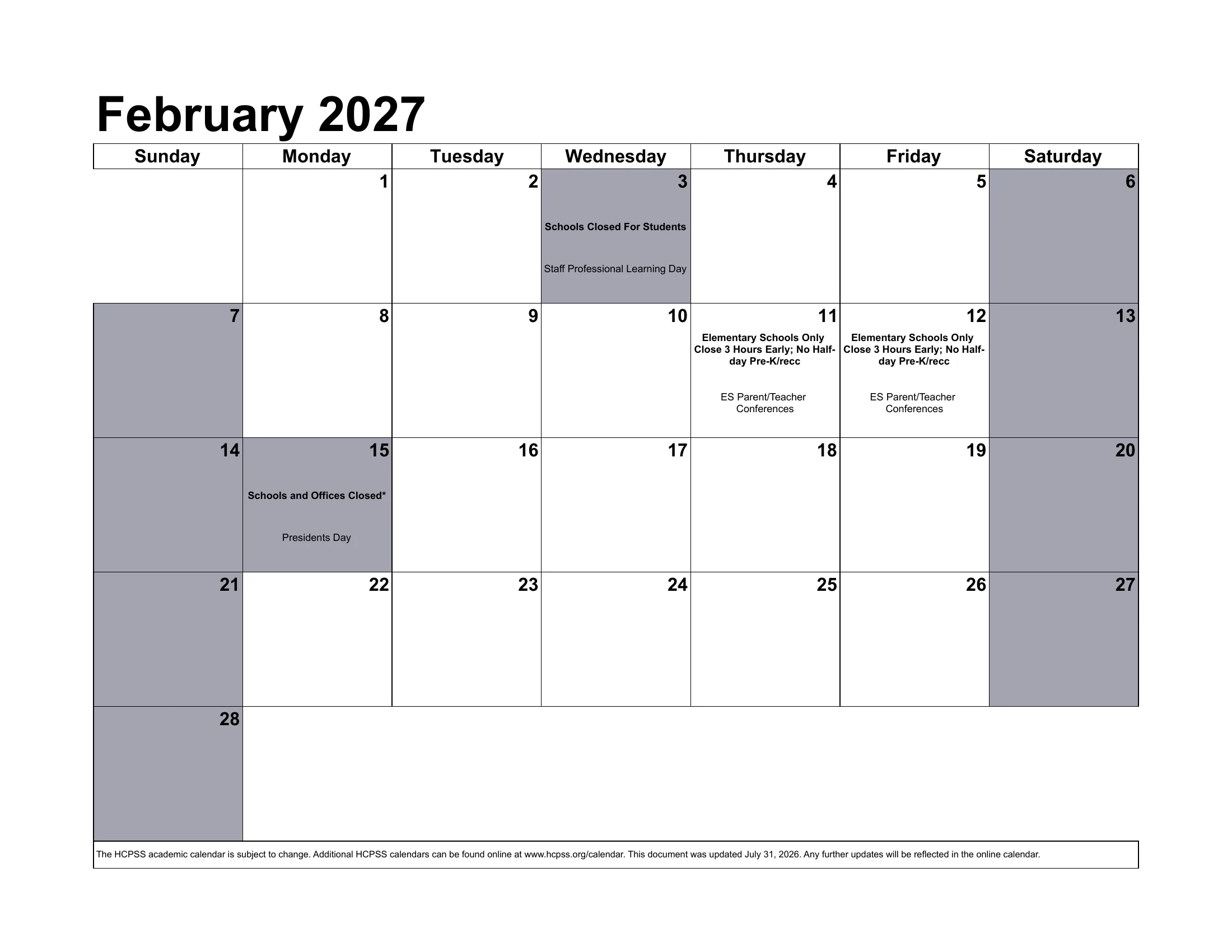 The Howard County Public School System 2026-2027 academic calendar: one month grid per page from August 2026 to July 2027, with school closings, early dismissals, staff days, conferences and the June inclement weather days written in each day's cell. Page 7 of 12.