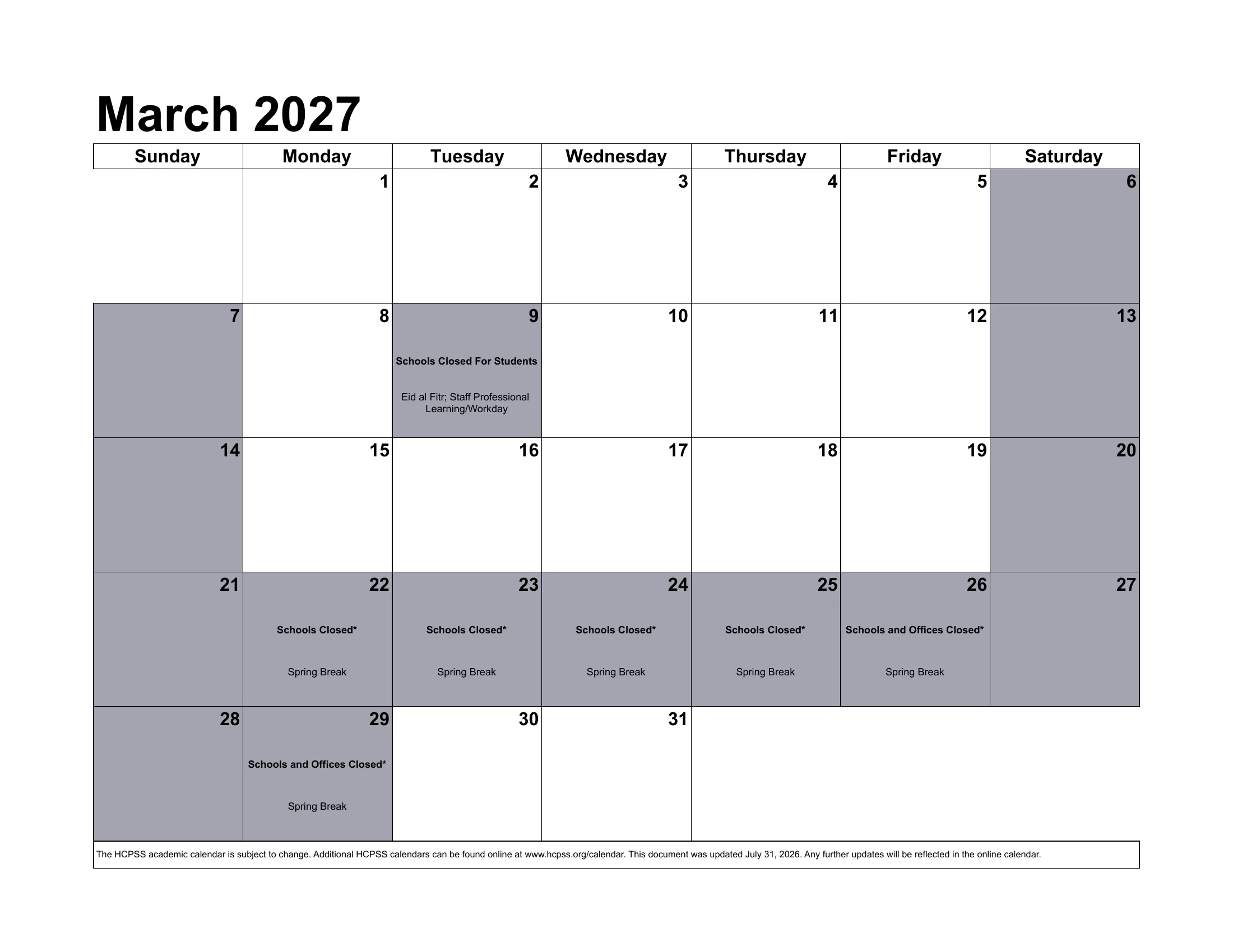 The Howard County Public School System 2026-2027 academic calendar: one month grid per page from August 2026 to July 2027, with school closings, early dismissals, staff days, conferences and the June inclement weather days written in each day's cell. Page 8 of 12.