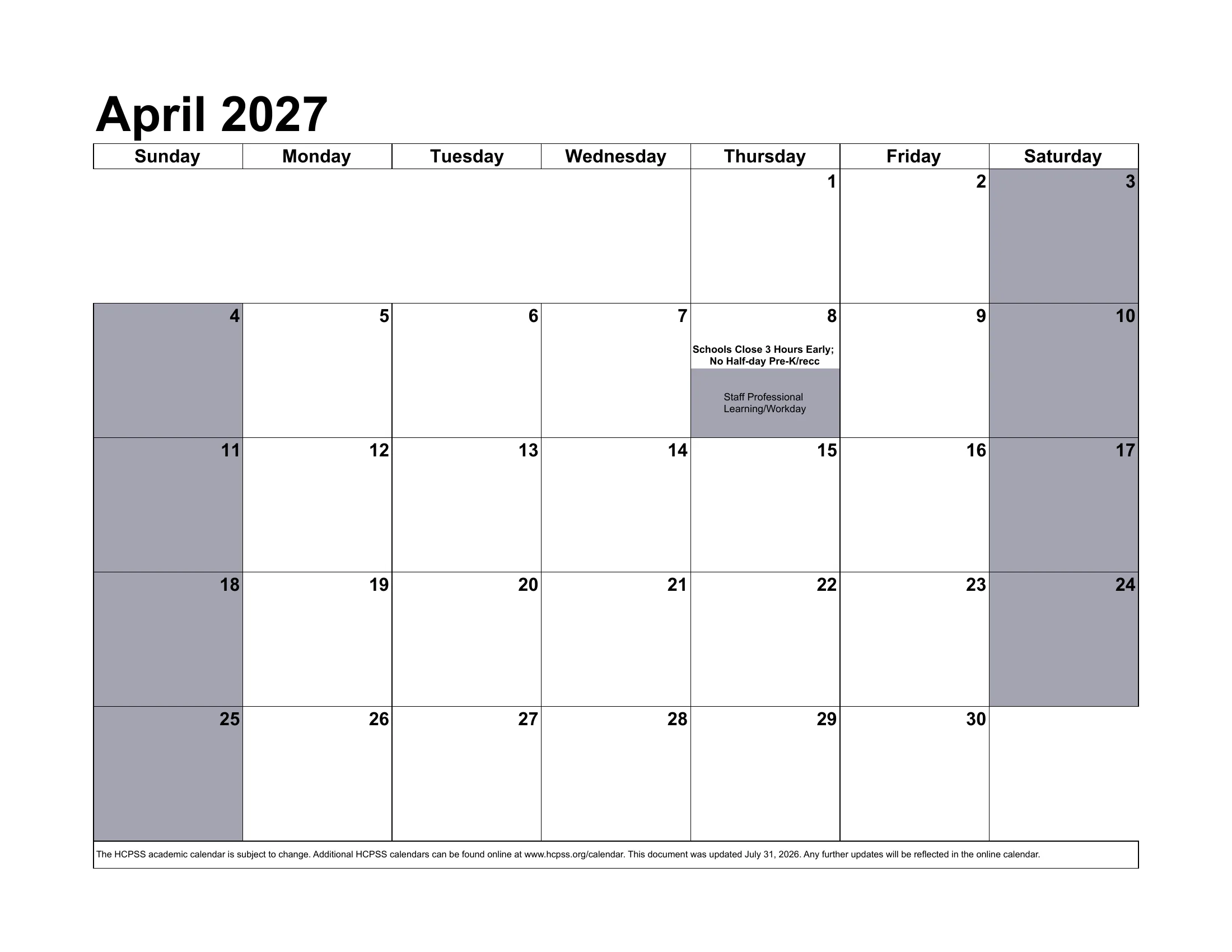 The Howard County Public School System 2026-2027 academic calendar: one month grid per page from August 2026 to July 2027, with school closings, early dismissals, staff days, conferences and the June inclement weather days written in each day's cell. Page 9 of 12.