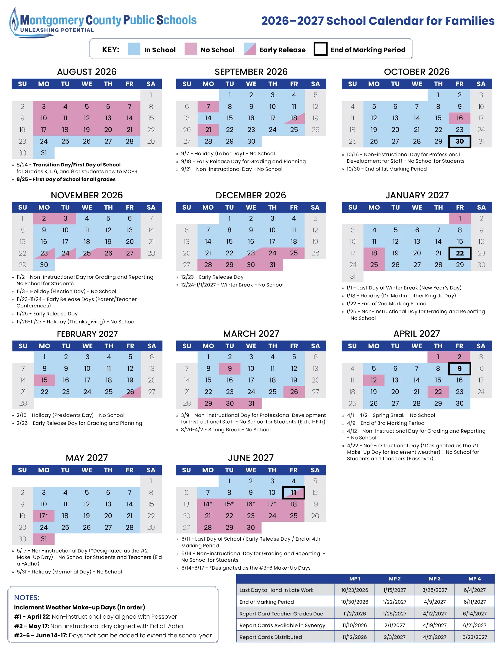 The Montgomery County Public Schools 2026-2027 School Calendar for Families: month grids from August 2026 to June 2027 with school days in blue, no-school days in pink, early release days split blue and pink, end of marking period boxed, notes under each month, the inclement weather makeup days and a marking period table.