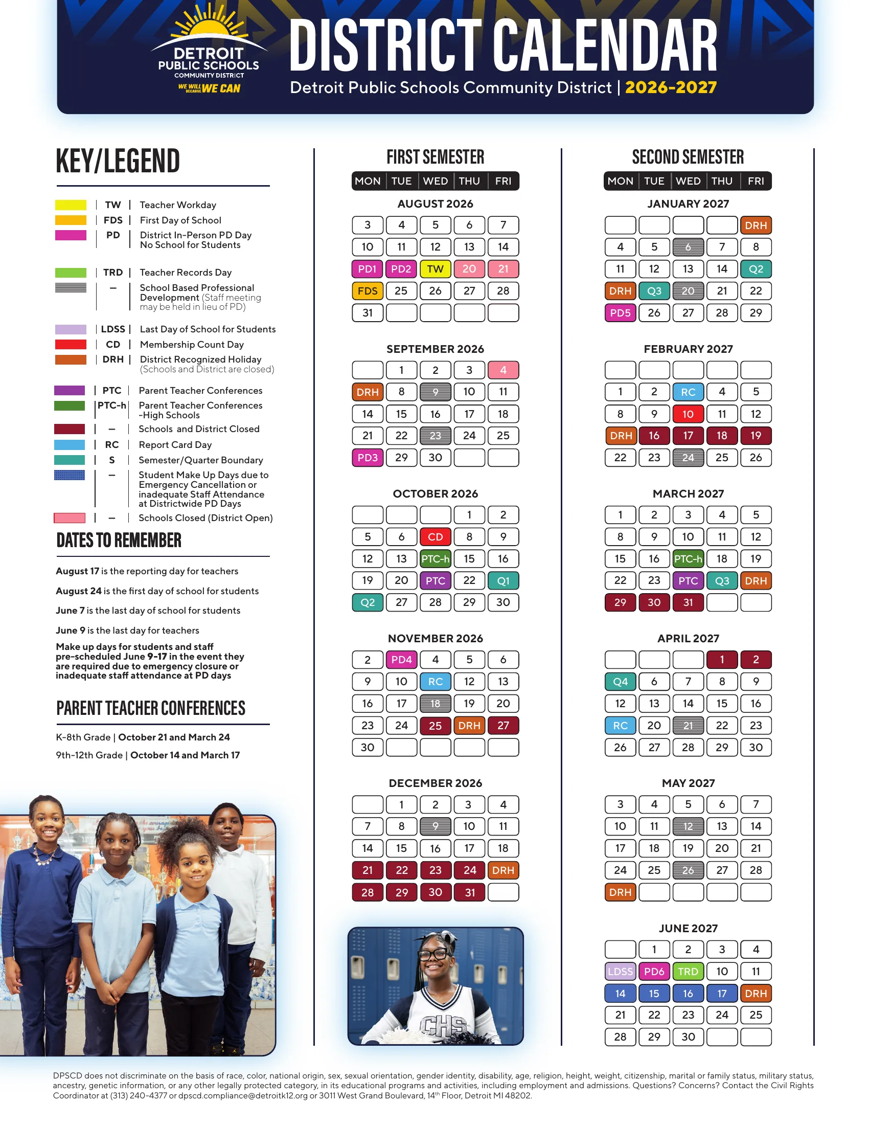 The Detroit Public Schools Community District 2026-2027 District Calendar: month grids for the first semester (August to December 2026) and second semester (January to June 2027) with color-coded days for PD days, holidays, closures, conferences, report cards and quarter boundaries, a key, dates to remember and parent-teacher conference dates.