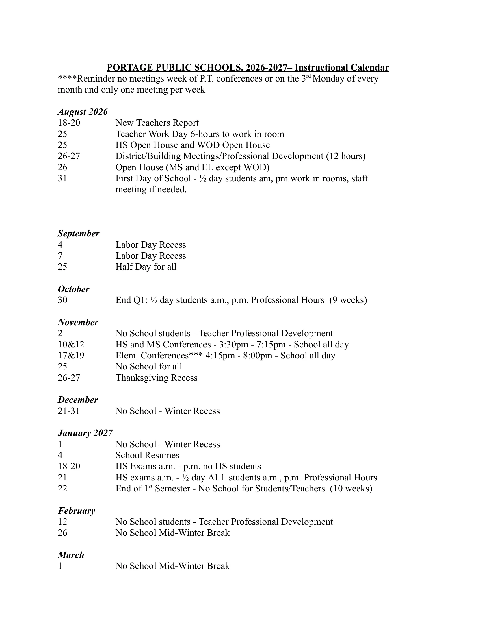 The Portage Public Schools 2026-2027 Instructional Calendar: a two-page dated list by month from August 2026 to June 2027 with days off, half days, conferences, exams and testing, followed by notes on cancellations, teacher days and professional development days and the totals of 178 student days and 186 staff days.