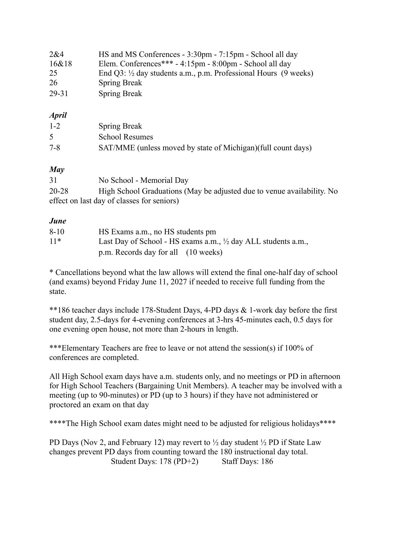 The Portage Public Schools 2026-2027 Instructional Calendar: a two-page dated list by month from August 2026 to June 2027 with days off, half days, conferences, exams and testing, followed by notes on cancellations, teacher days and professional development days and the totals of 178 student days and 186 staff days. Page 2 of 2.