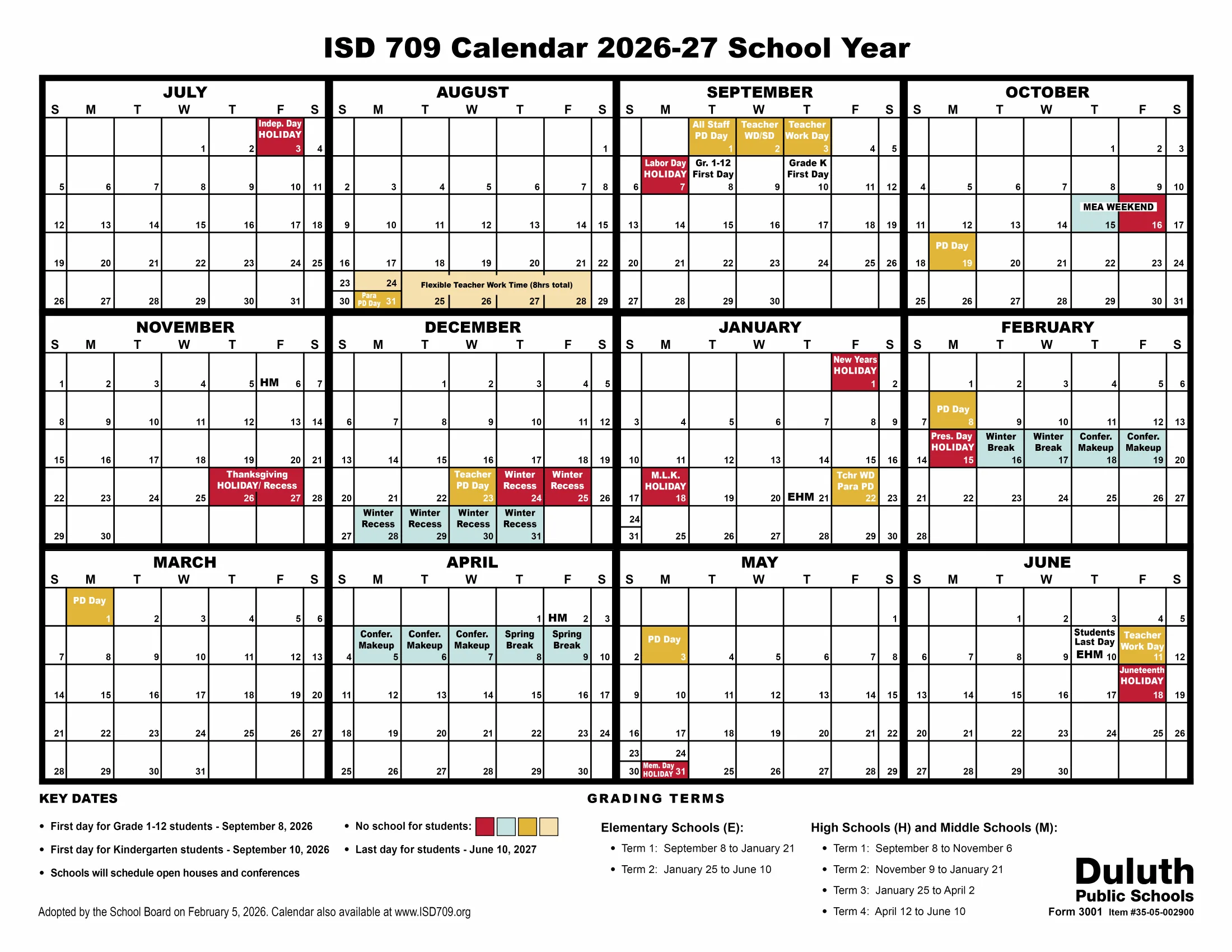 The ISD 709 Calendar 2026-27 School Year: month grids from July 2026 to June 2027 with holidays in red, no-school days in light blue, professional development and teacher work days in gold, flexible teacher work time in tan, first and last days and ends of terms labeled, and key dates and grading terms below.